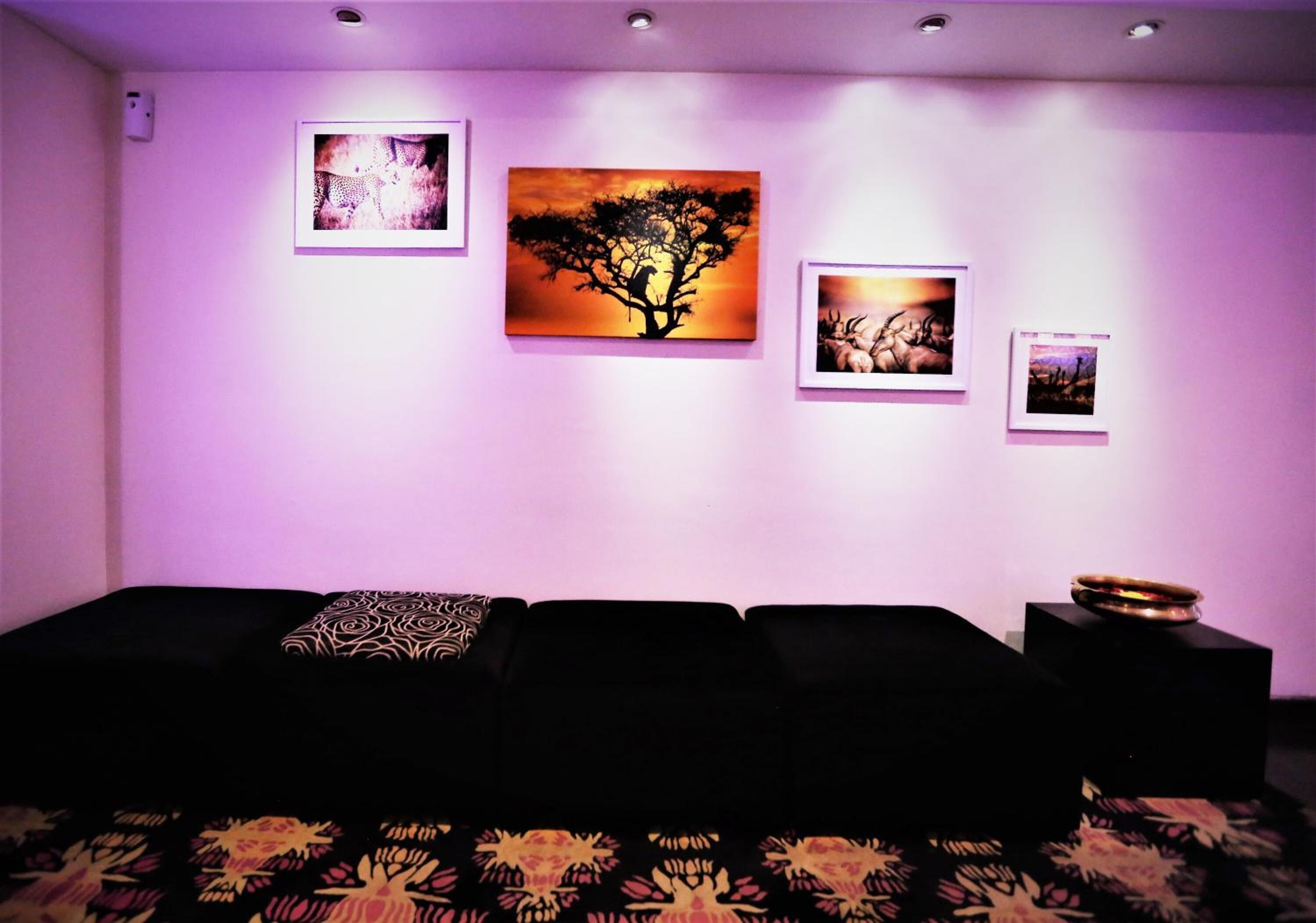 Une pièce avec un canapé noir, un coussin décoratif à motifs et un tableau représentant un arbre accroché au mur.