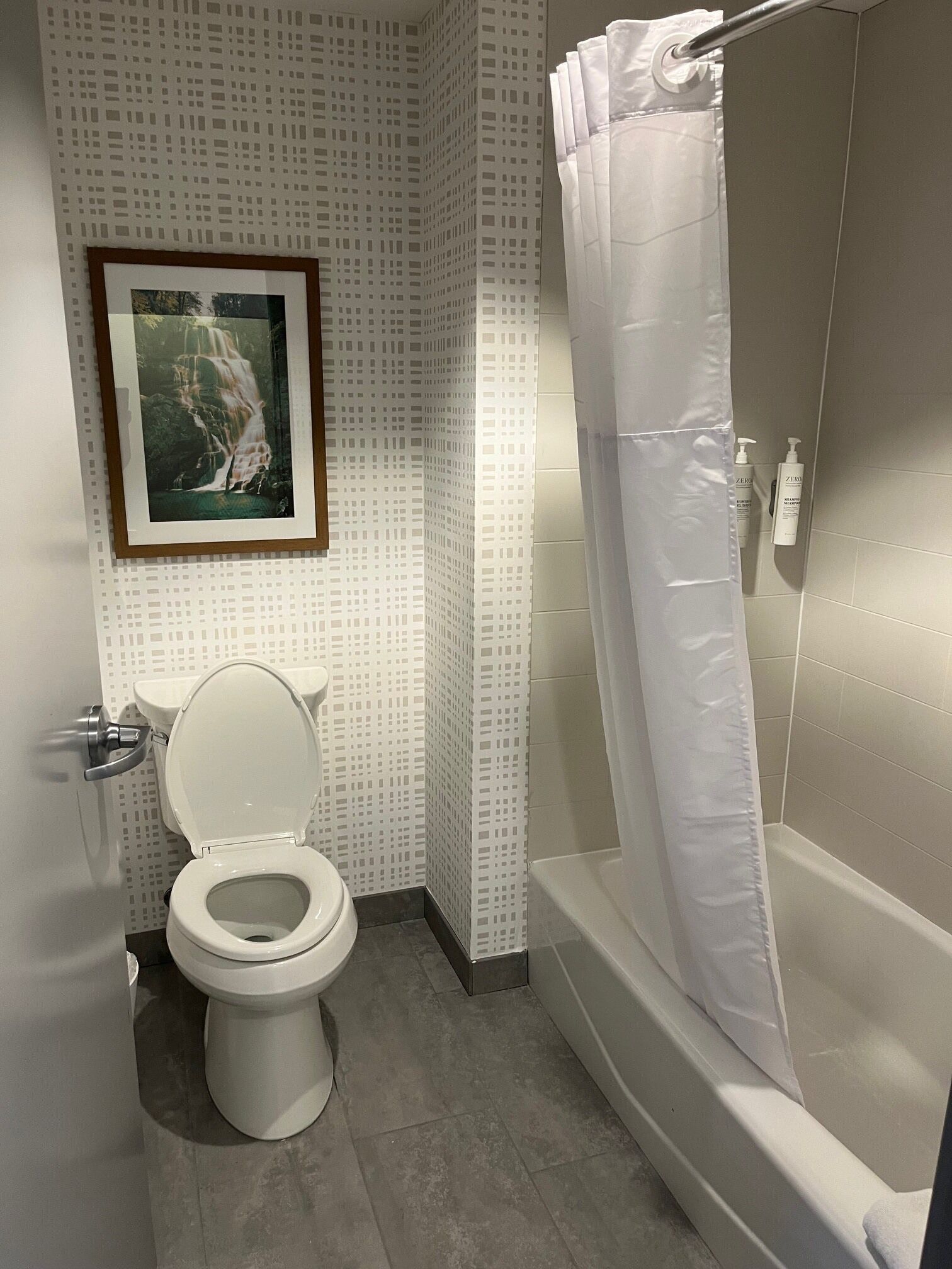 Une salle de bain avec des toilettes, une douche et un tableau encadré au mur.