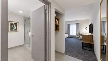 Habitación de hotel con ducha, cama, escritorio, silla, televisor y ventana con cortinas.