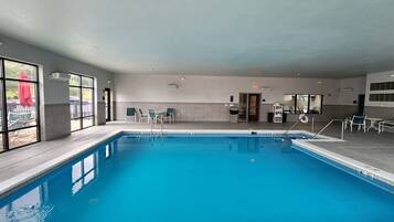 Indoor pool, open 8 AM to 10 PM, pool loungers