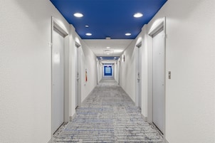 Un pasillo de hotel con paredes blancas, techo azul y piso alfombrado.