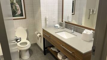 A modern bathroom with a toilet, sink, and vanity.