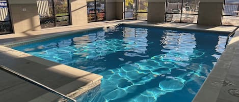 Indoor pool, open 8 AM to 10 PM, pool loungers
