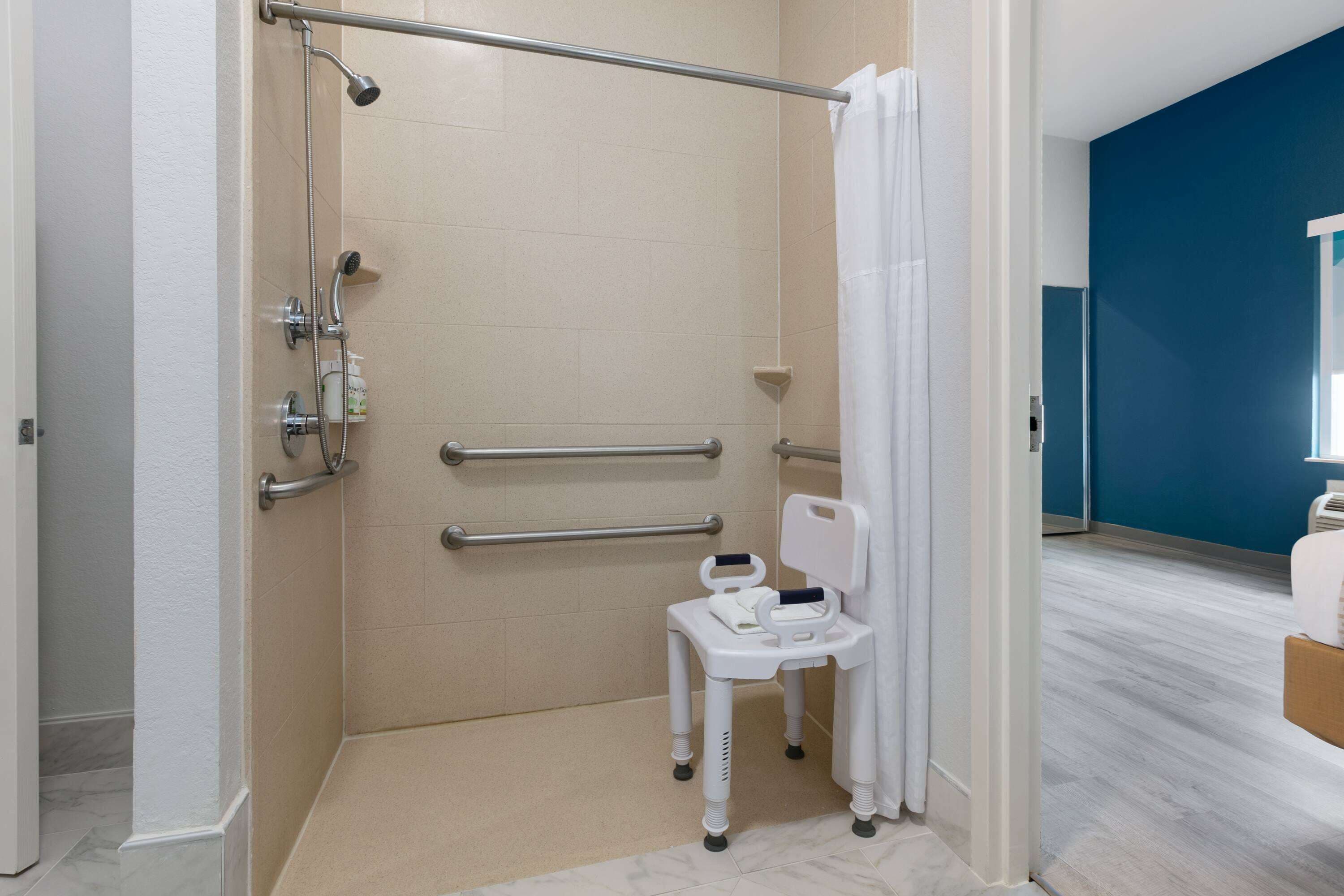 deluxe suite, 1 king bed, accessible, non smoking (mobility, roll-in shower) | bathroom | combined shower/bathtub, free toiletries, hair dryer, towels