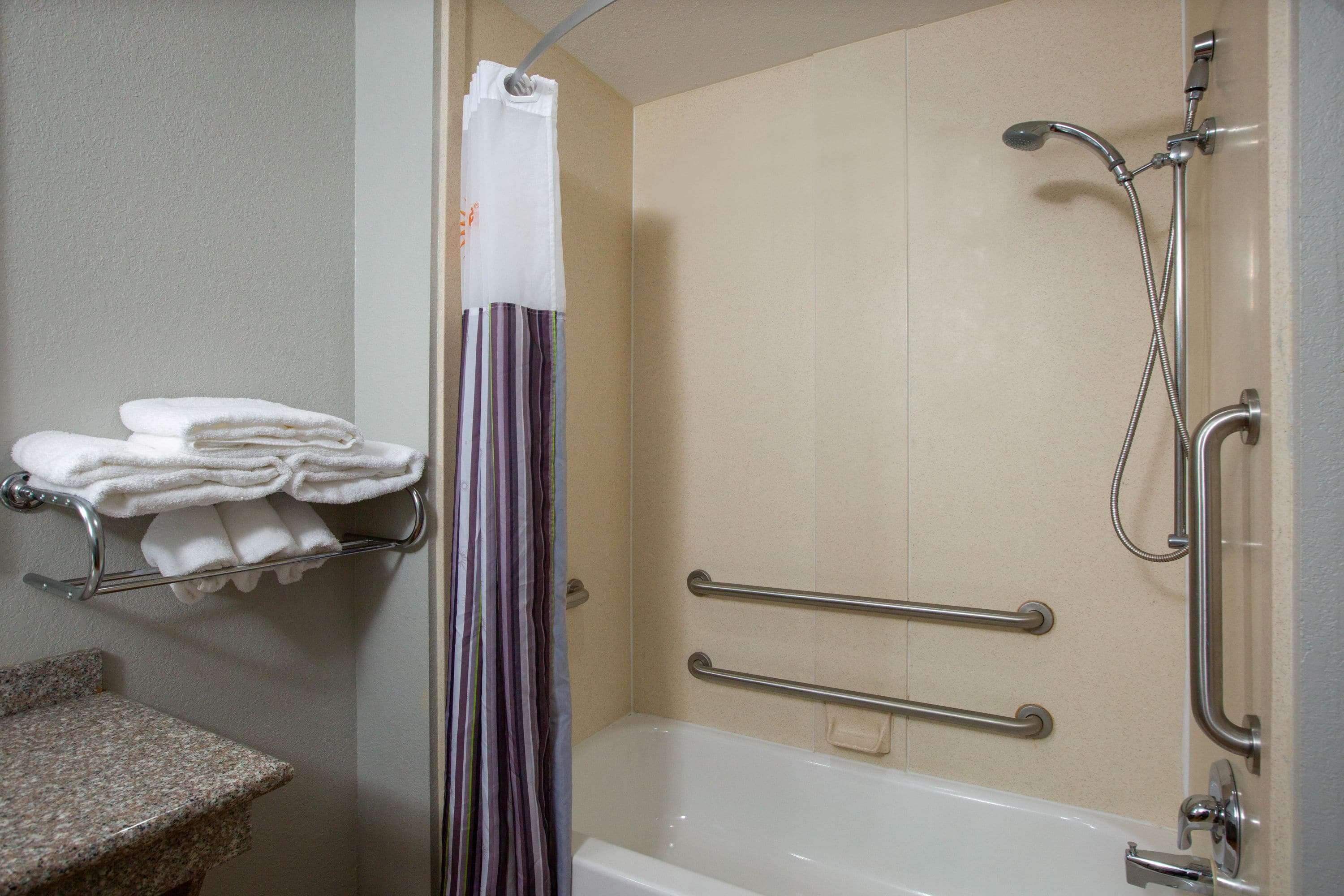 combined shower/bathtub, free toiletries, hair dryer, towels