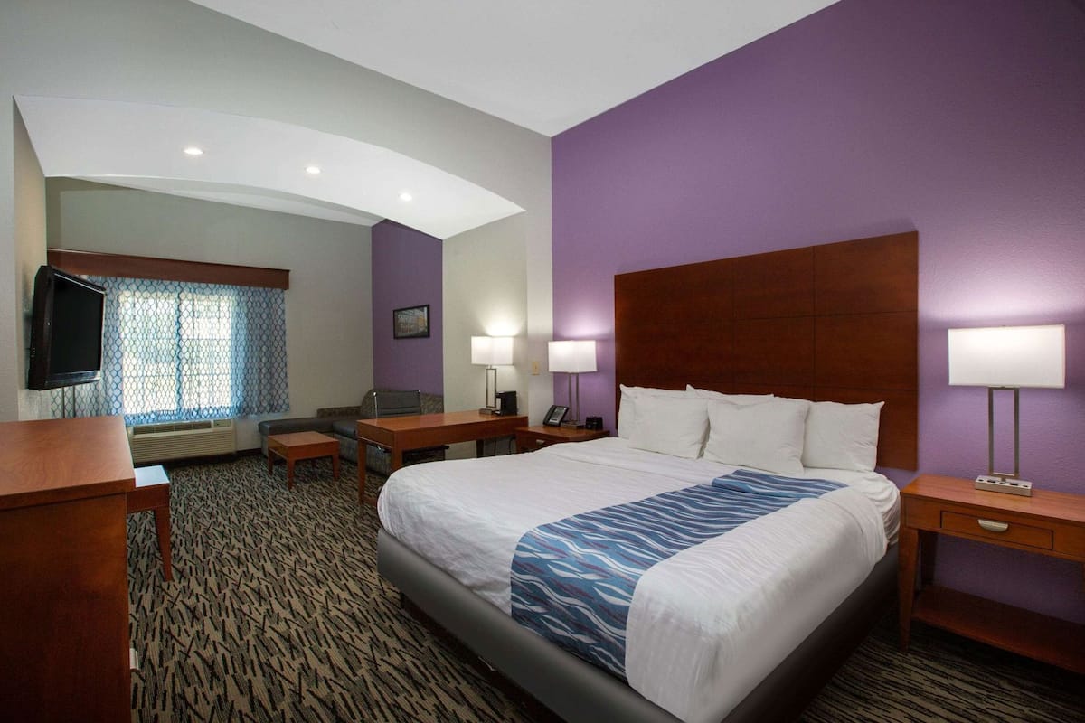 A hotel room with a large bed, a desk, a chair, a television, and a window with patterned curtains.