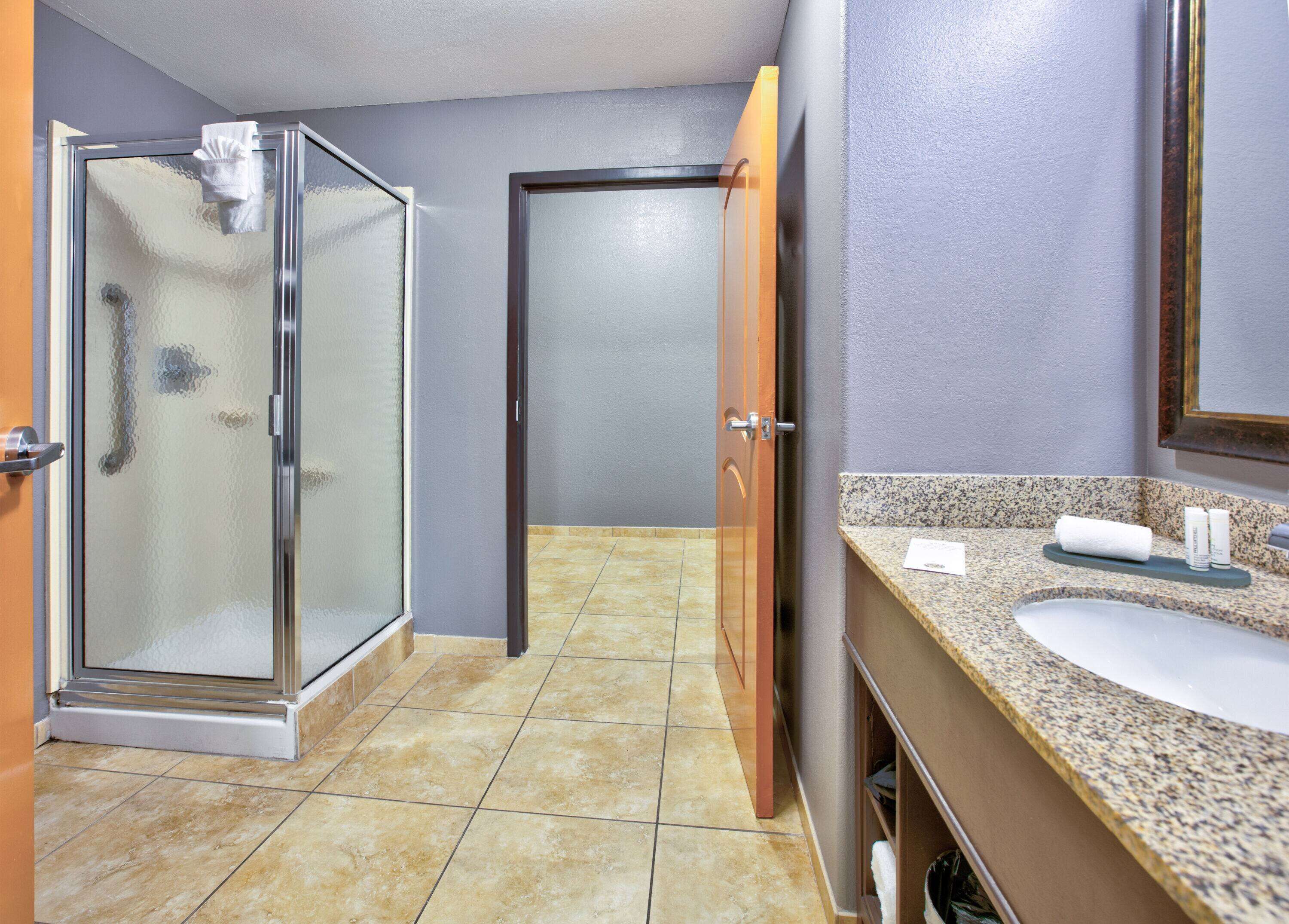 combined shower/bathtub, free toiletries, hair dryer, towels