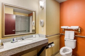 A bathroom with a granite sink, a large mirror, a toilet, and a towel rack.