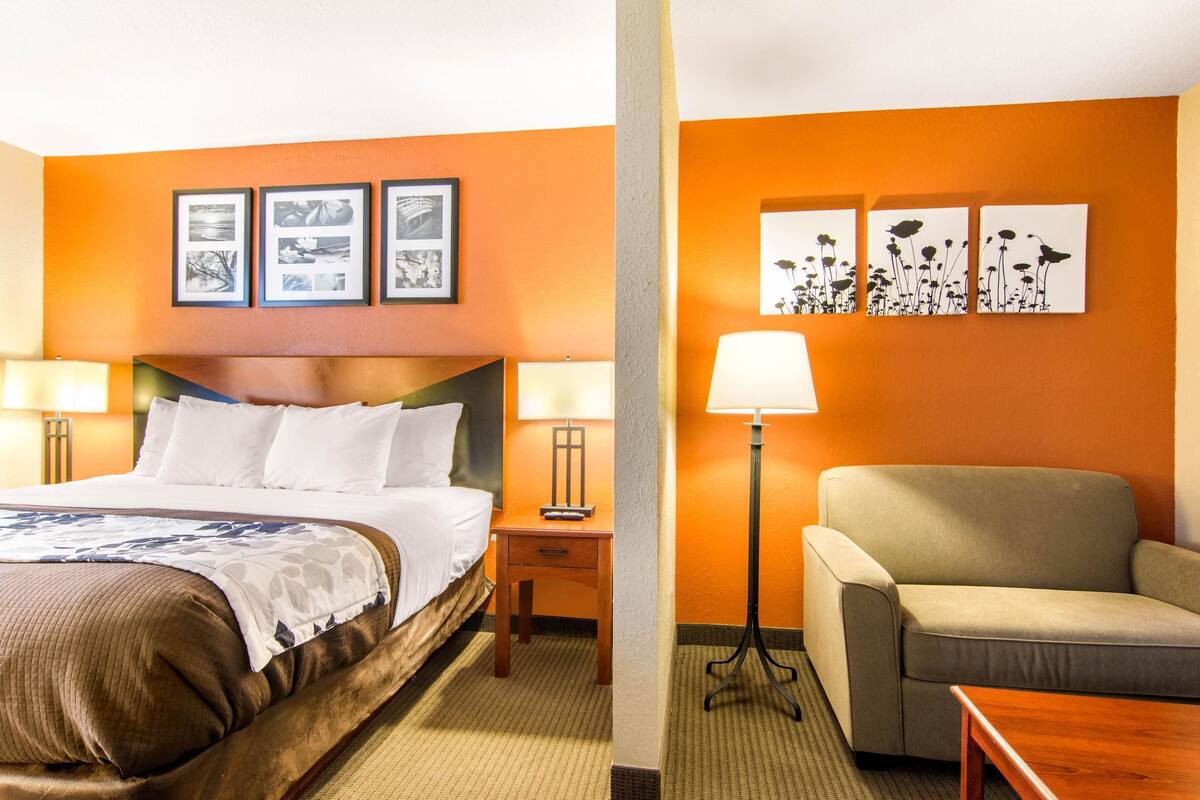 A hotel room with a bed, bedside table, lamp, and a sofa.