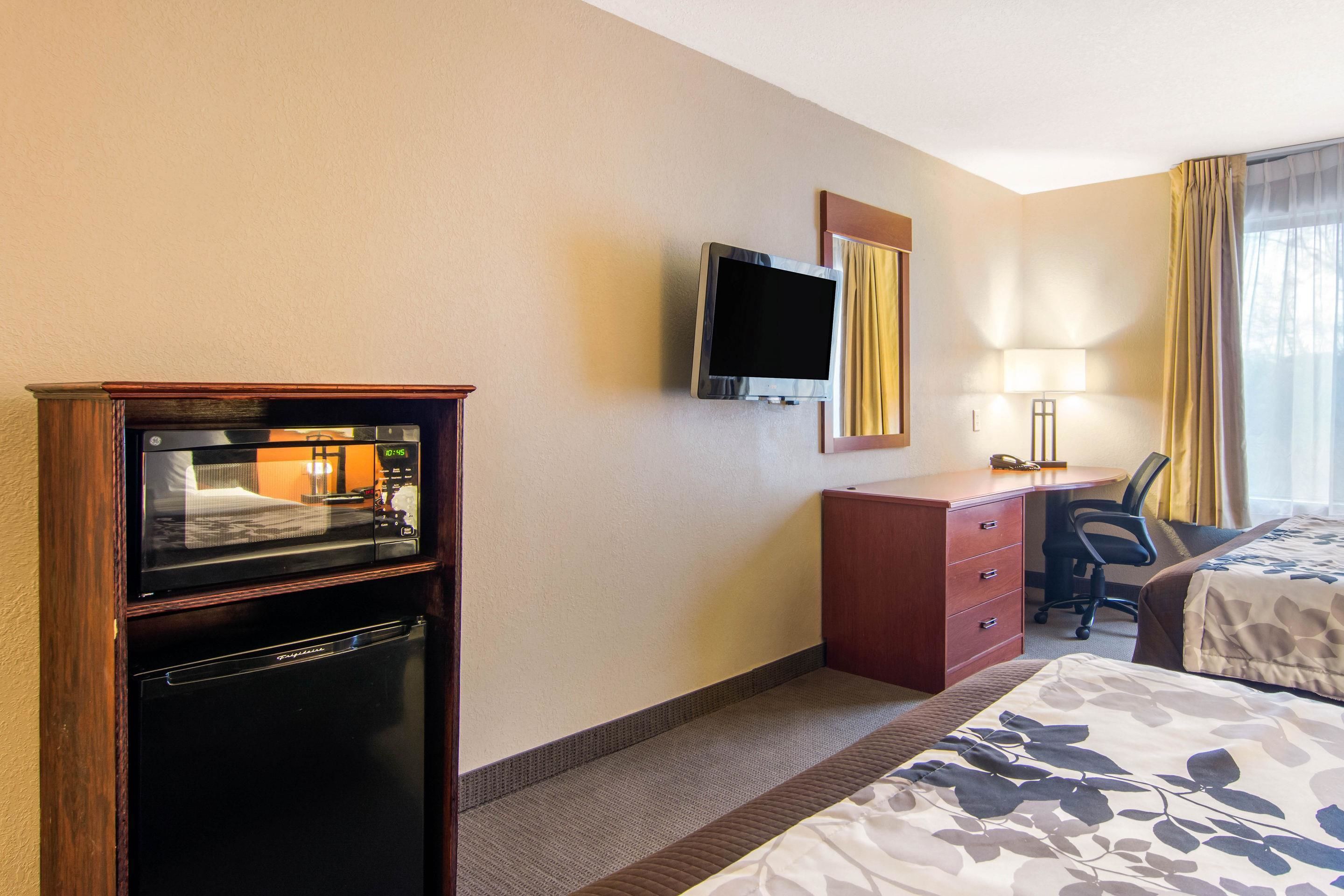 A hotel room with a bed, a desk with a chair, a television, and a minibar.