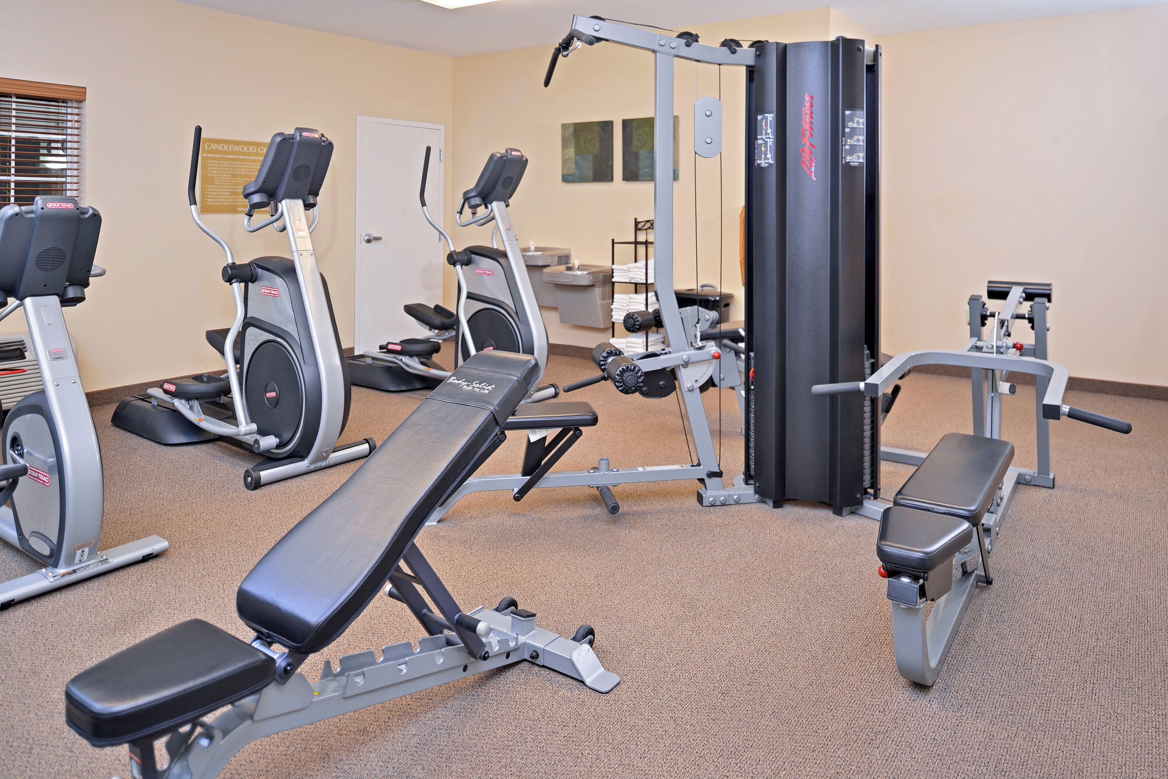 Uma academia com diversos equipamentos de exercícios, incluindo esteiras, elípticos e aparelhos de musculação.