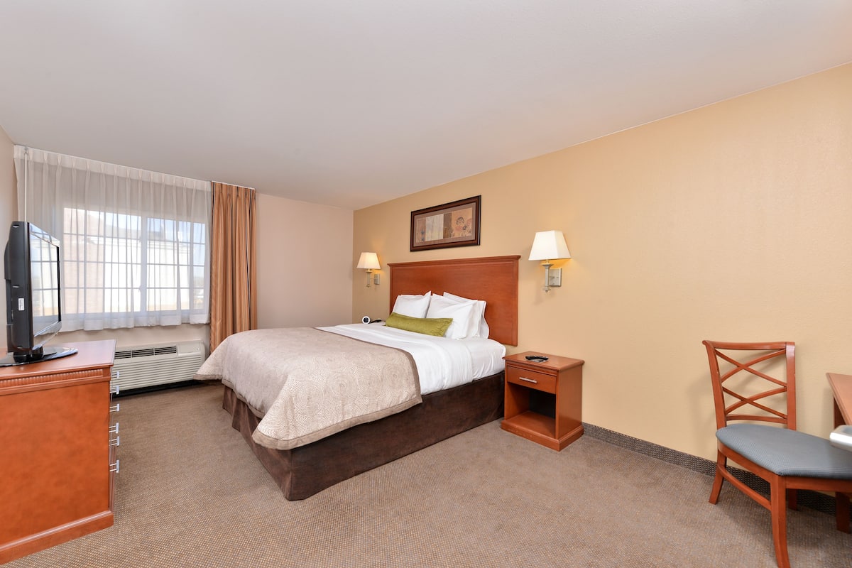 A hotel room with a bed, bedside table, chair, desk, television, and window with curtains.