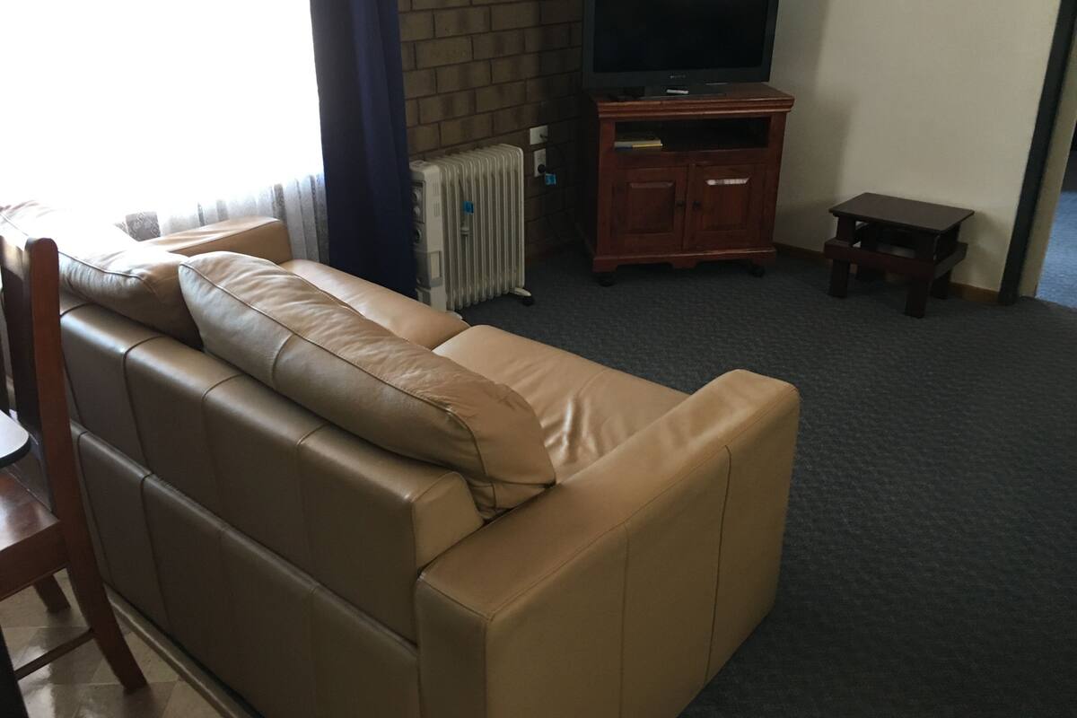 A living room with a leather sofa, a television on a wooden stand, and a radiator.