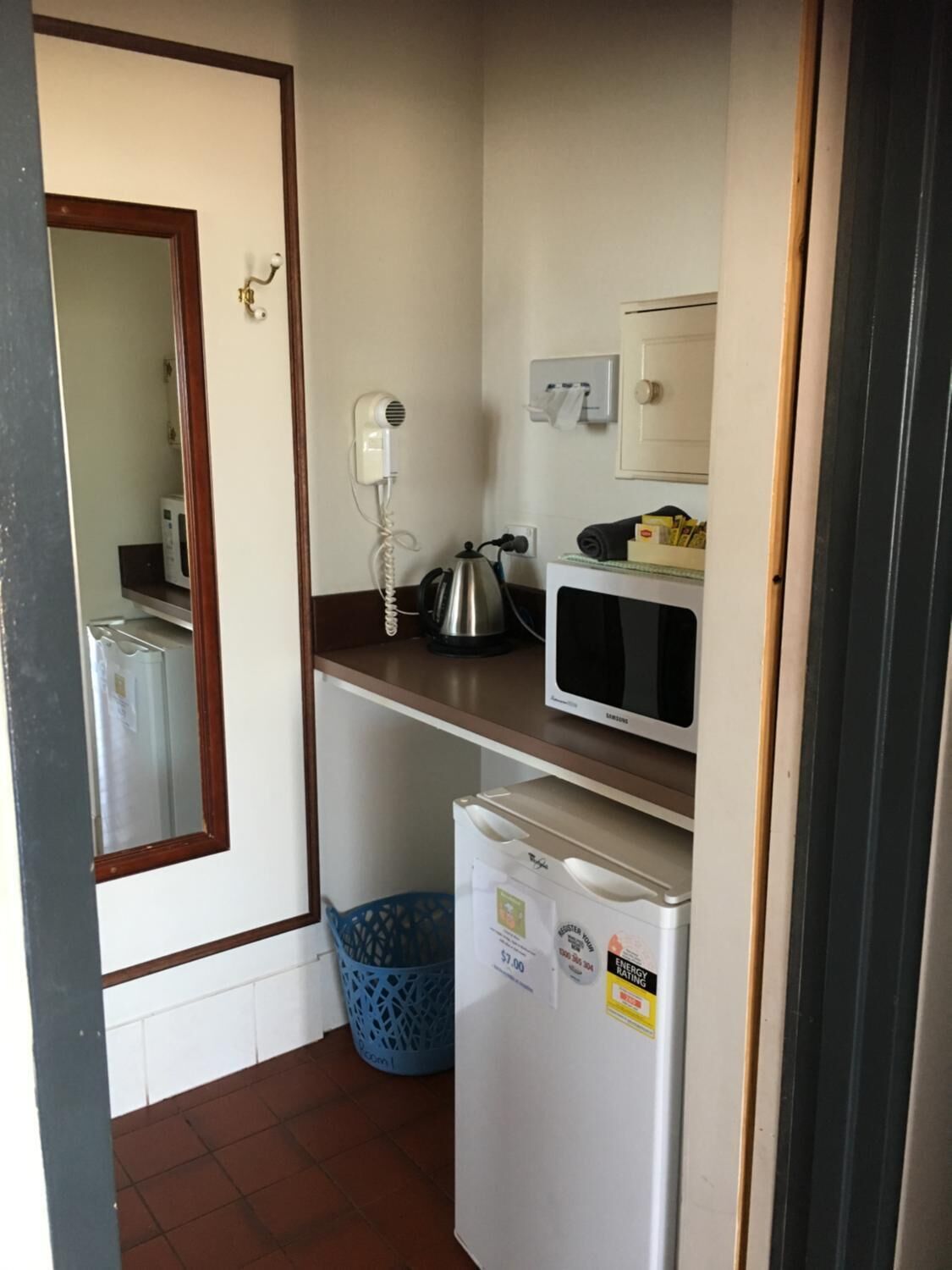 fridge, microwave, electric kettle, cookware/dishes/utensils