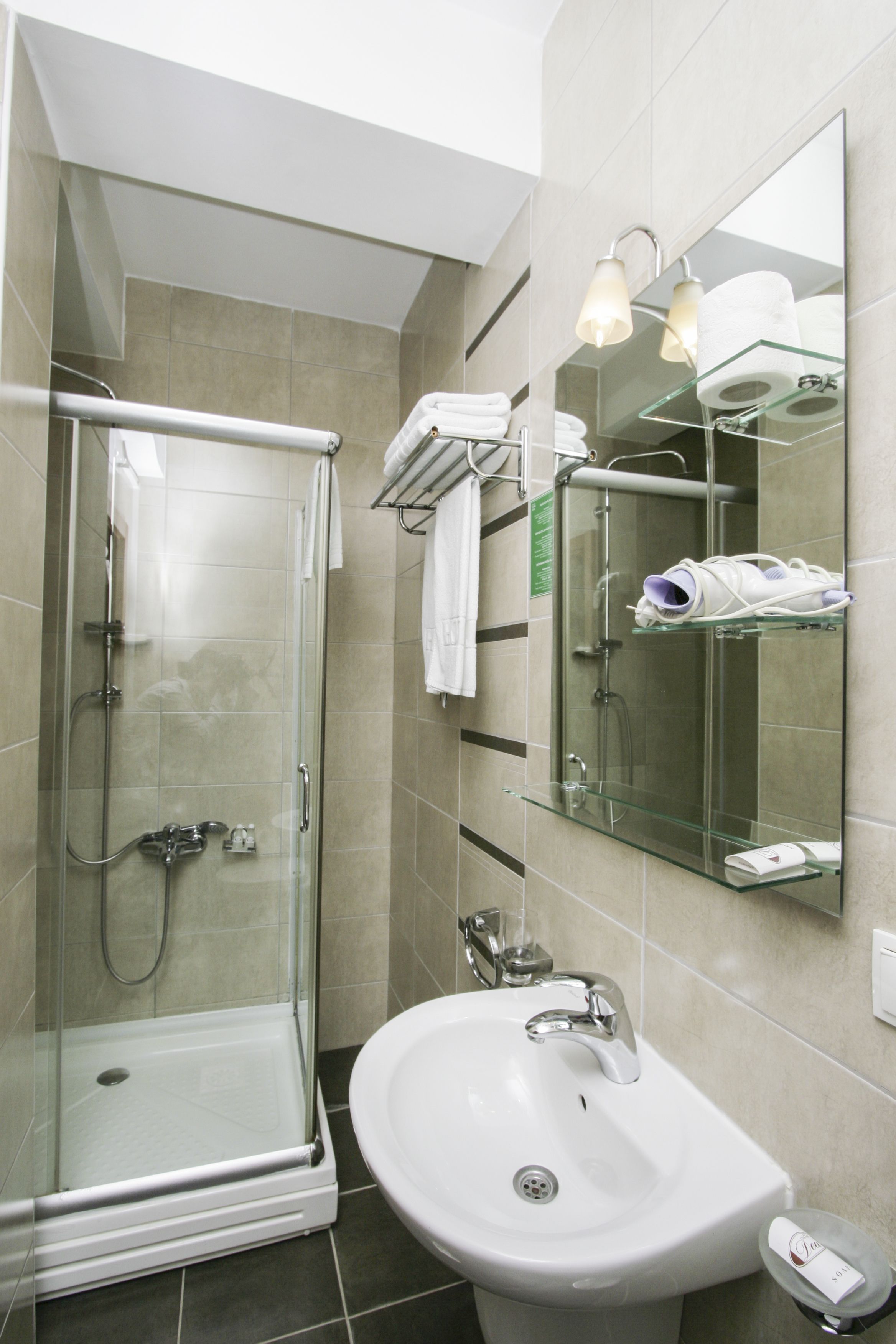 A modern bathroom with a glass-enclosed shower, a sink, and a large mirror.