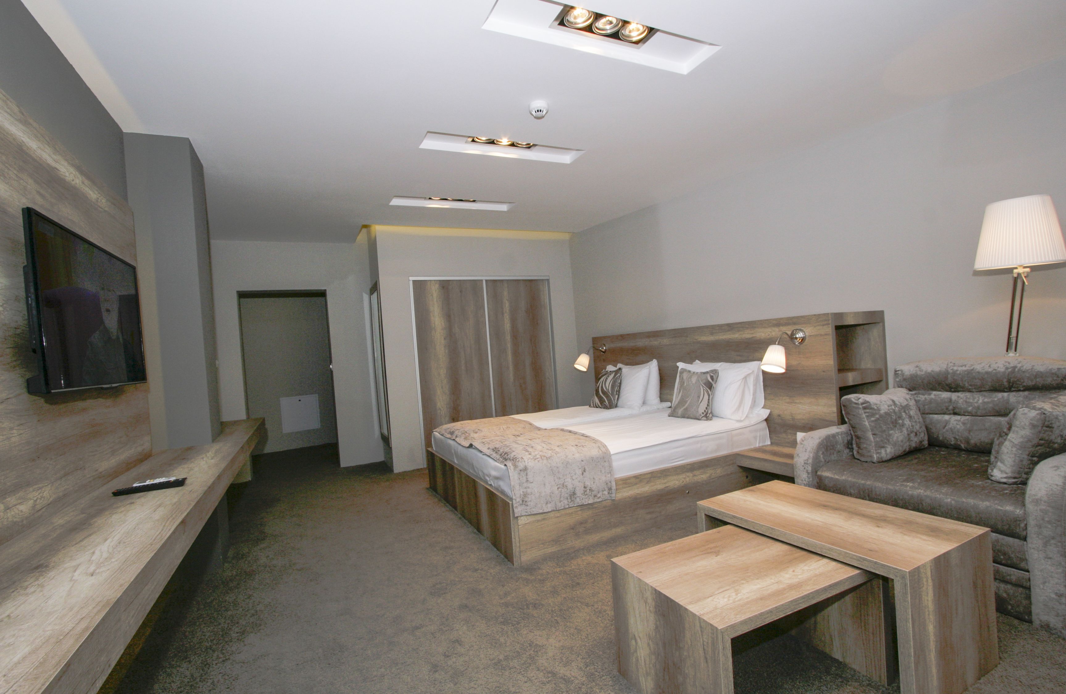 A modern hotel room with a bed, a sofa, a TV, and a desk.