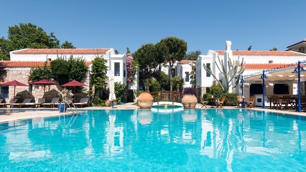 Zona de piscina con sillones de descanso, sombrillas y un bar con asientos.
