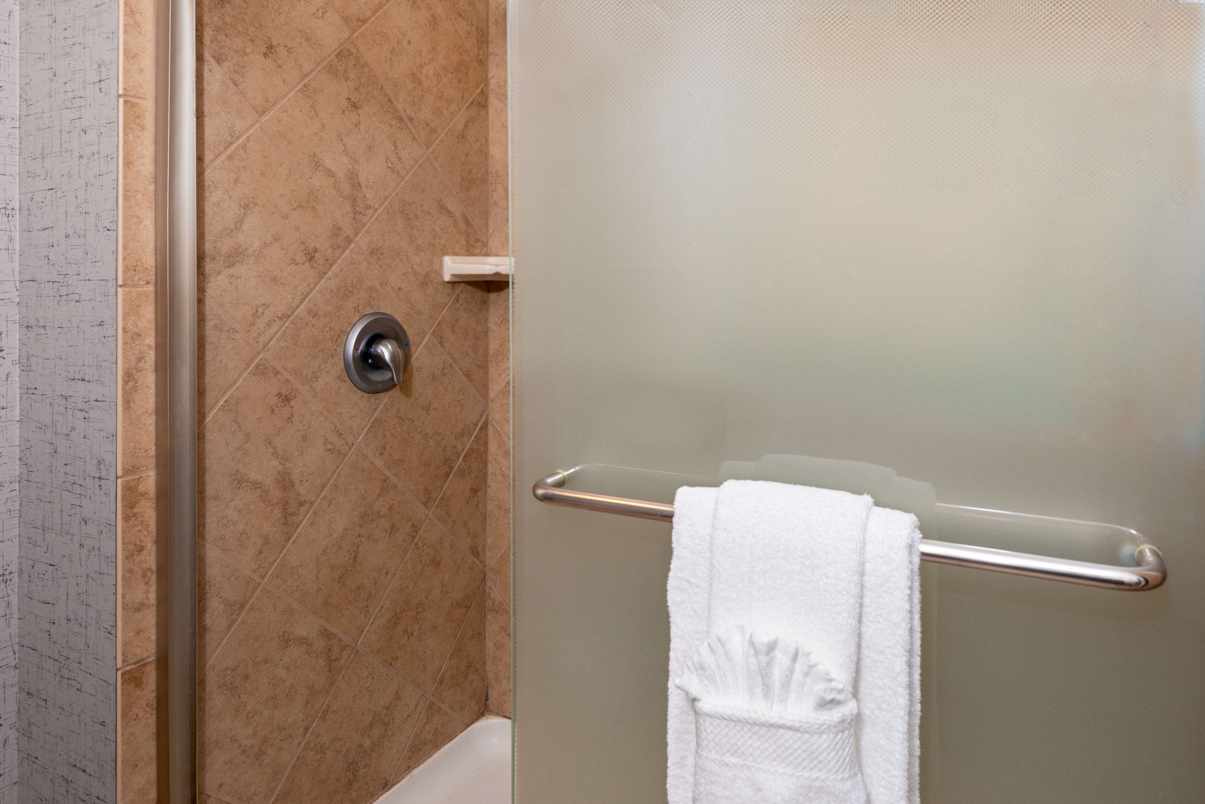 A bathroom with a shower, a towel rack, and a toilet paper holder.