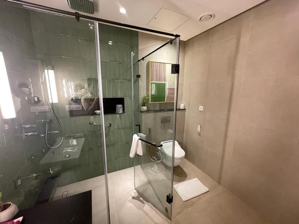 A modern bathroom with a glass shower enclosure, a toilet, and a sink.