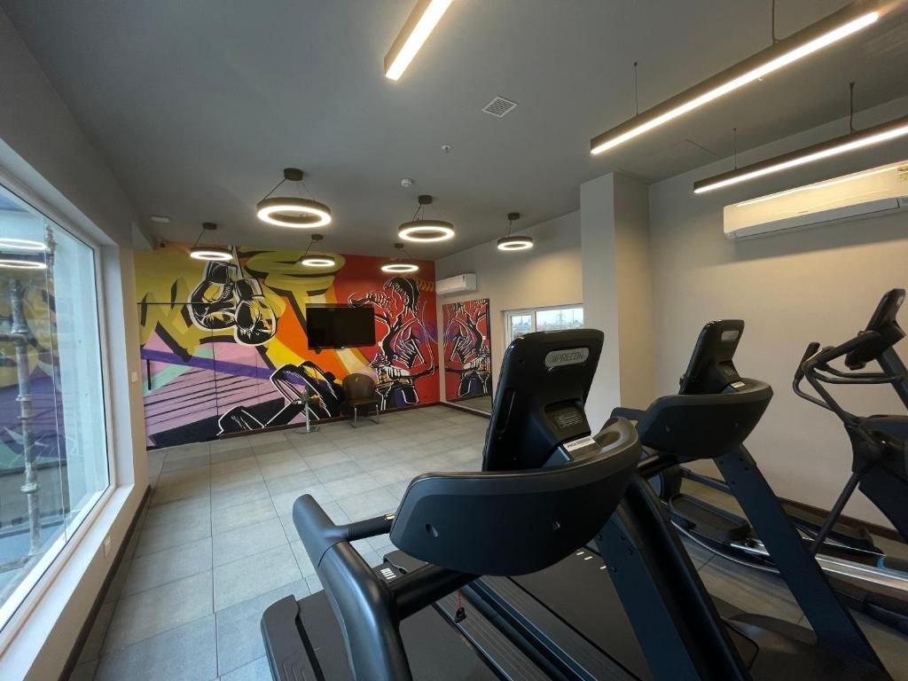 A gym with treadmills, a wall with colorful artwork, and a window providing natural light.