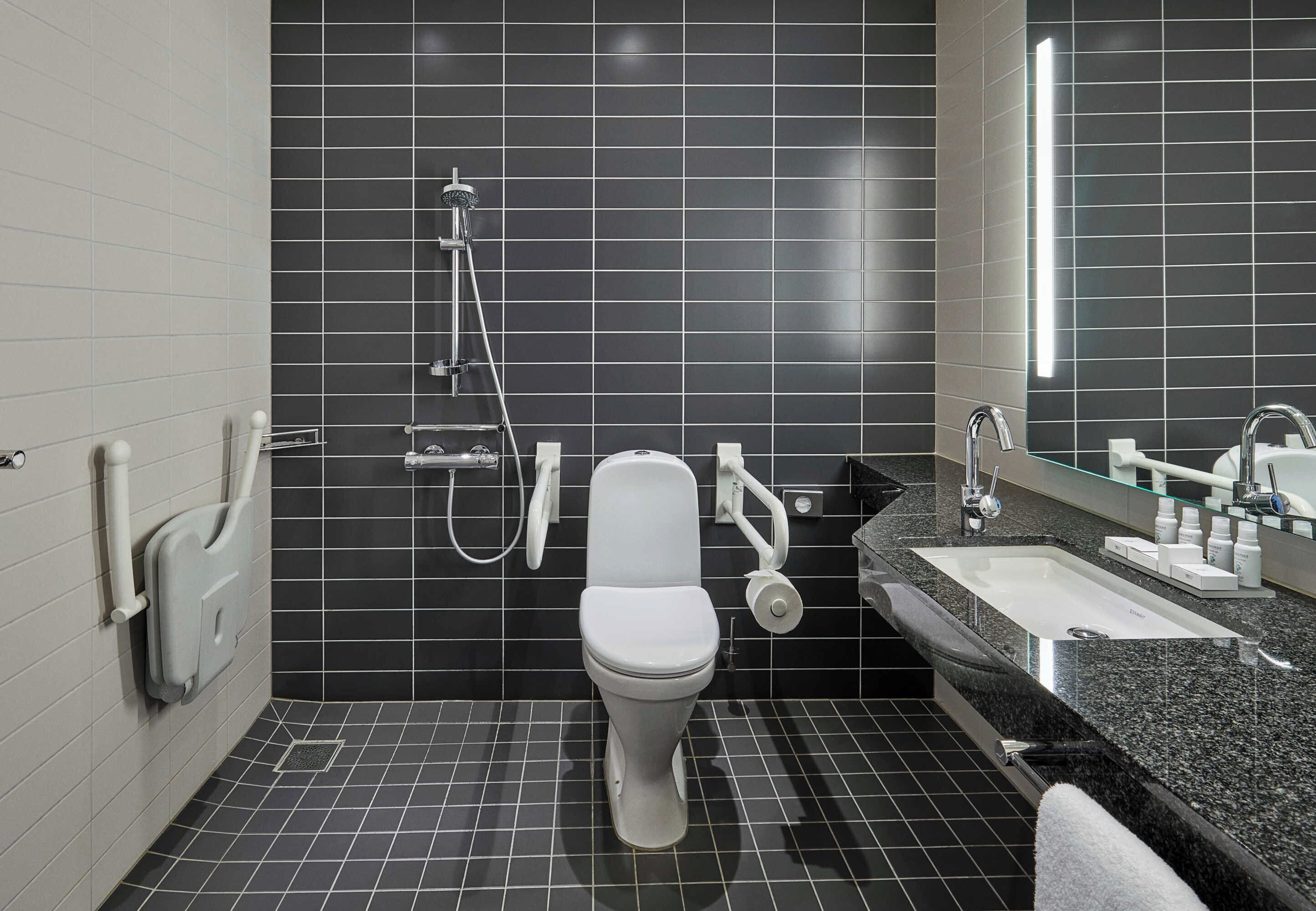 A modern bathroom with a white toilet, a shower, and a sink with a mirror.