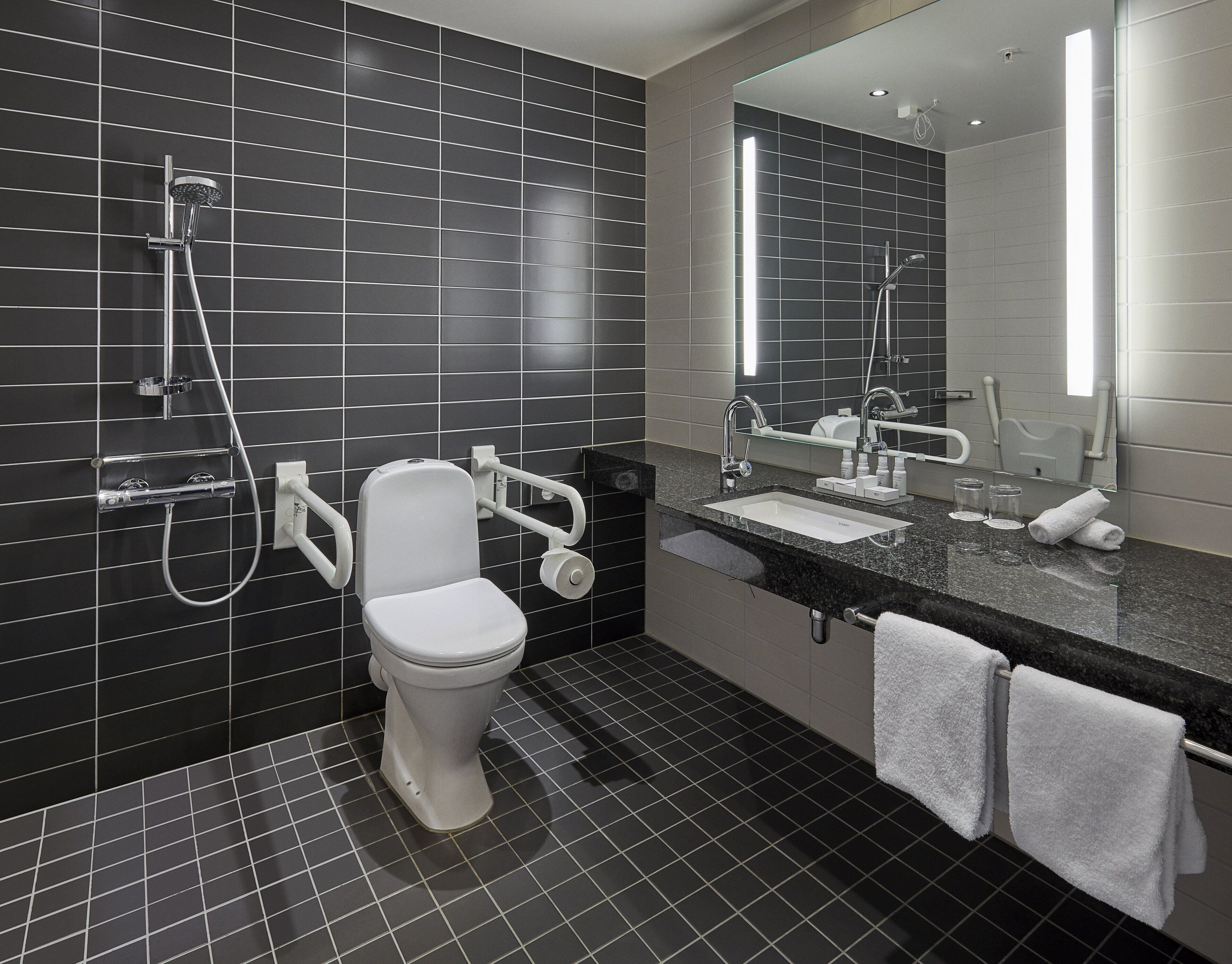A modern bathroom with a toilet, a sink, and a shower.