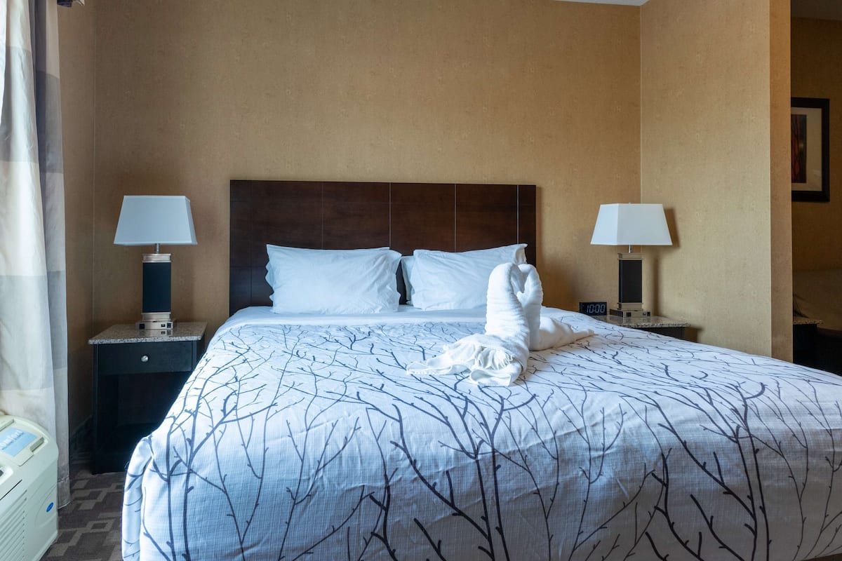 A hotel room with a large bed, two bedside tables with lamps, and a headboard.