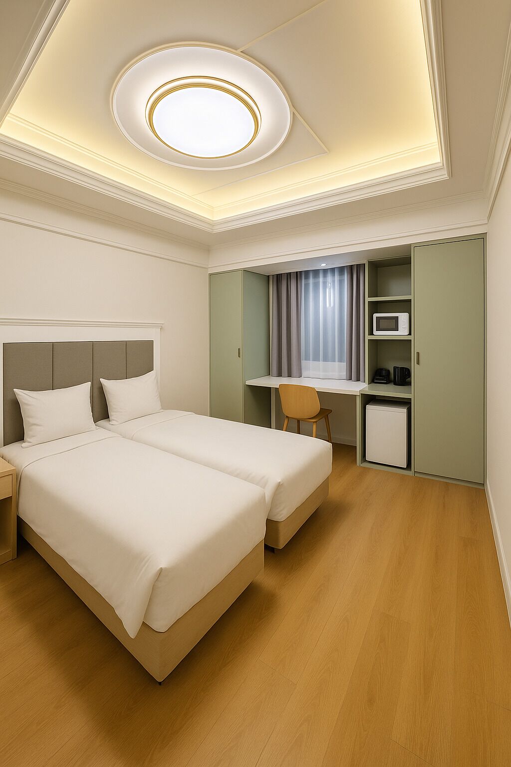 A hotel room with two beds, a desk, a chair, a microwave, and a wardrobe.