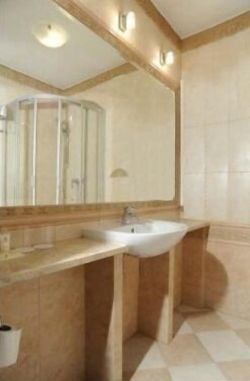 A bathroom with a large mirror, a sink, and a shower.