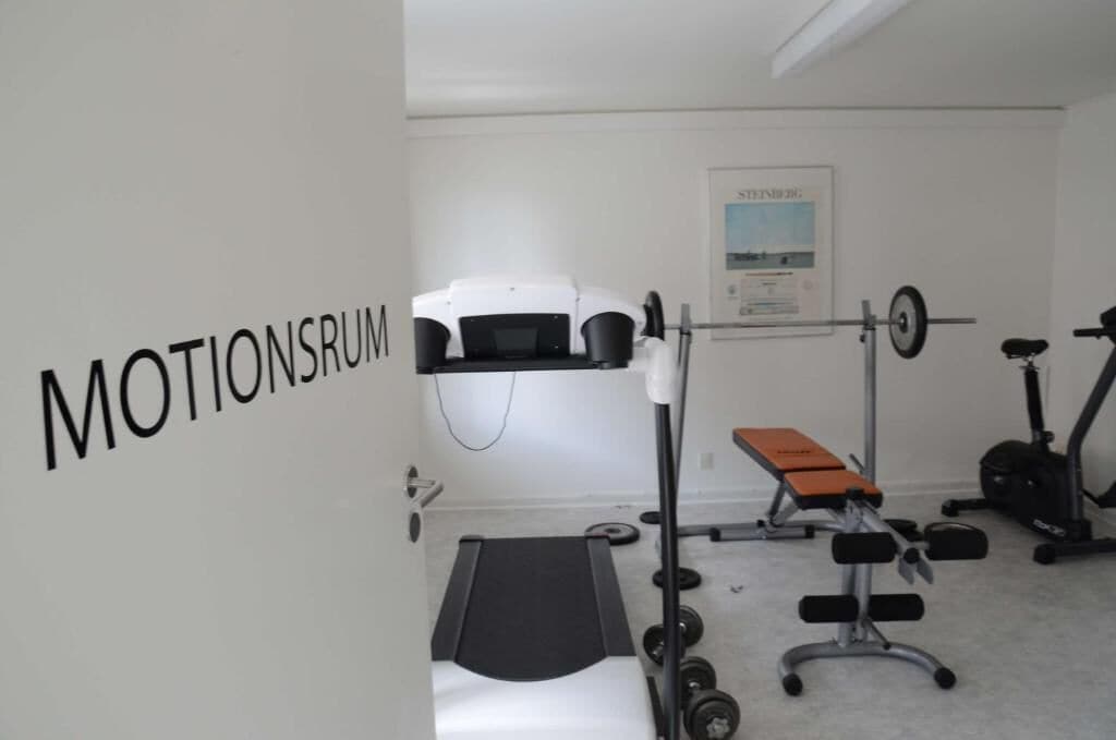 A gym with a treadmill, weight bench, and various exercise equipment.