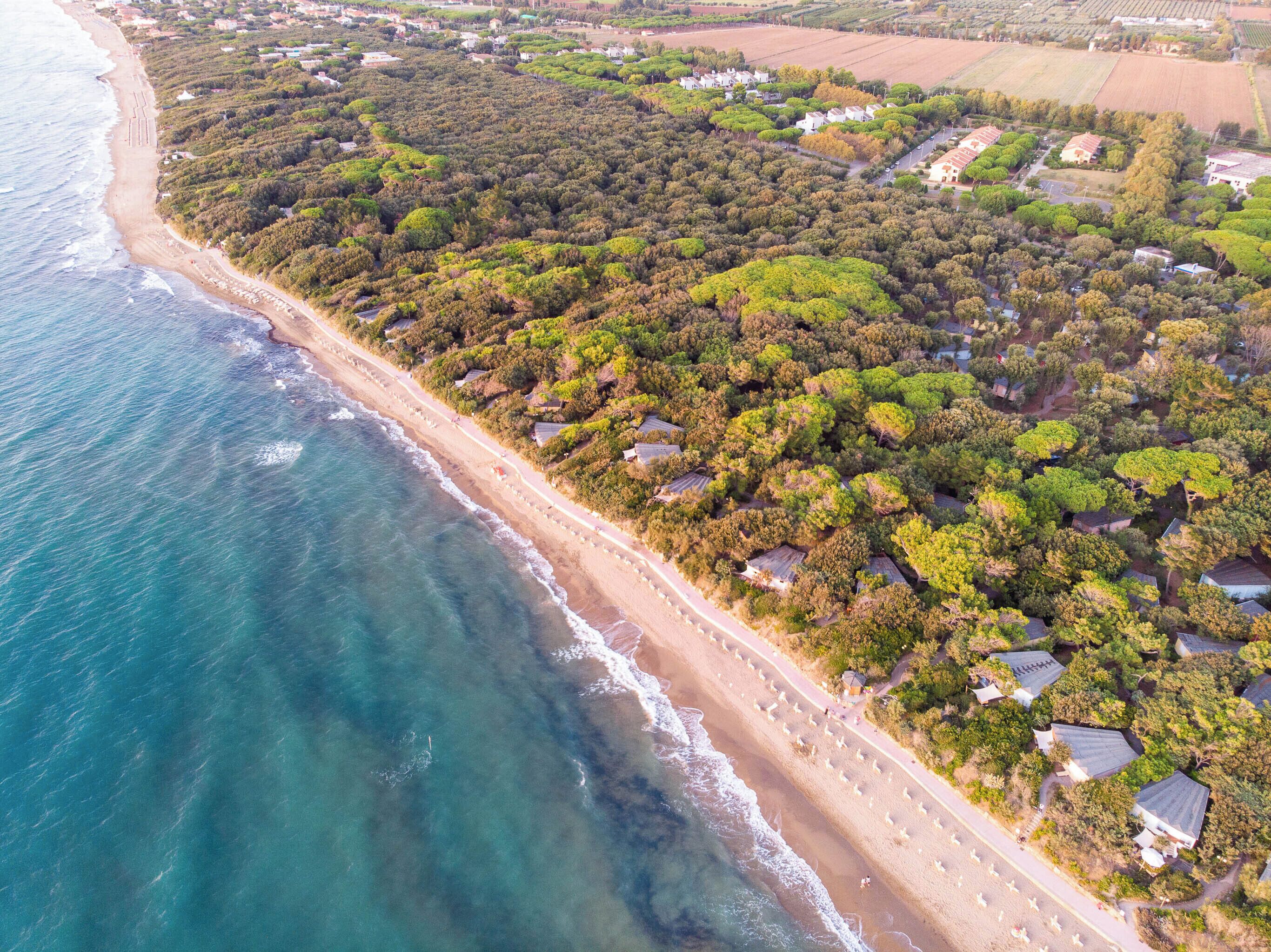 Eine Vogelperspektive einer Küstenlandschaft mit Strand, Häusern und dichter Vegetation.