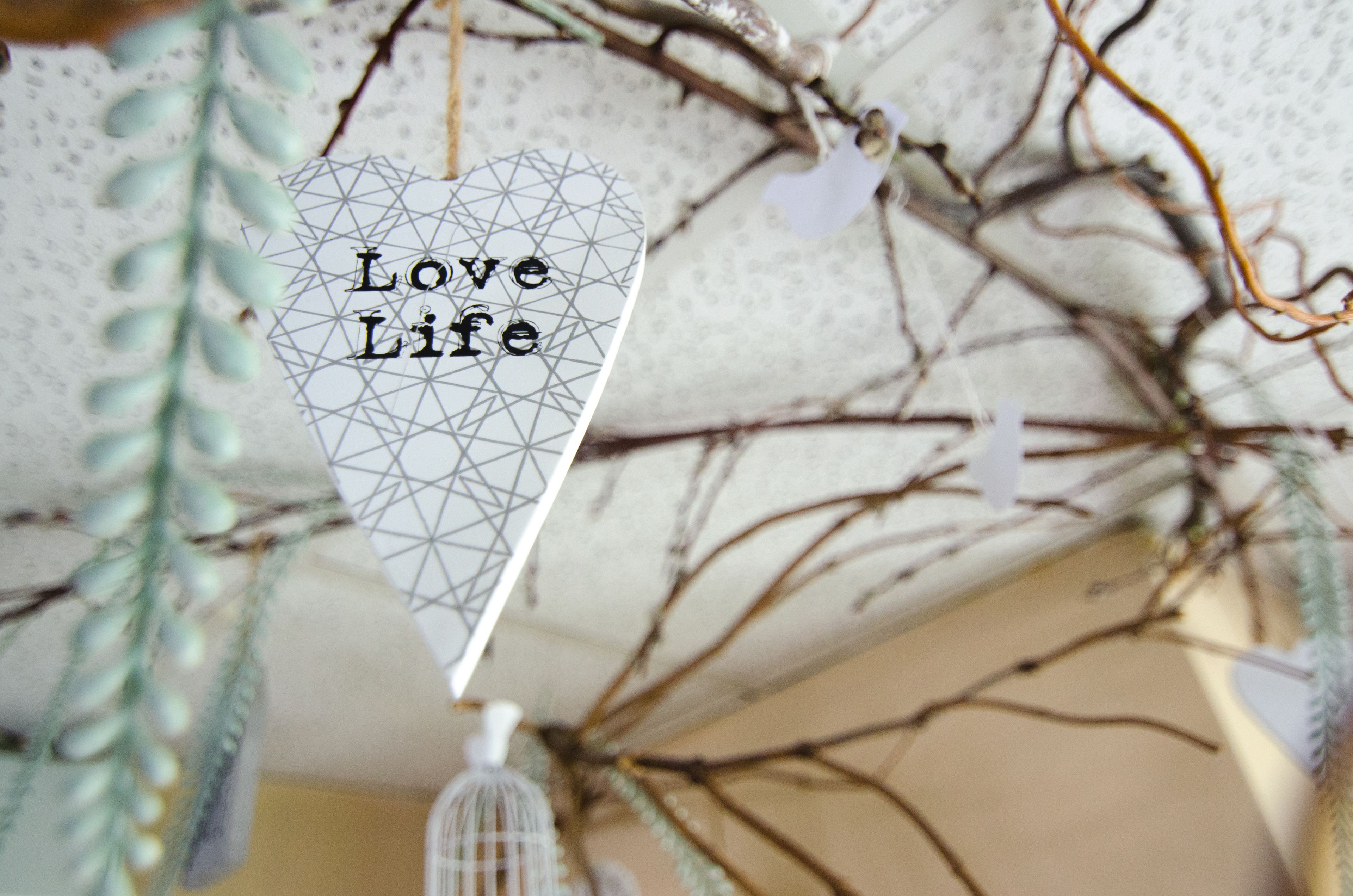 Ein dekoratives, herzförmiges Ornament mit der Aufschrift 'Love Life', das an einem Zweig hängt.