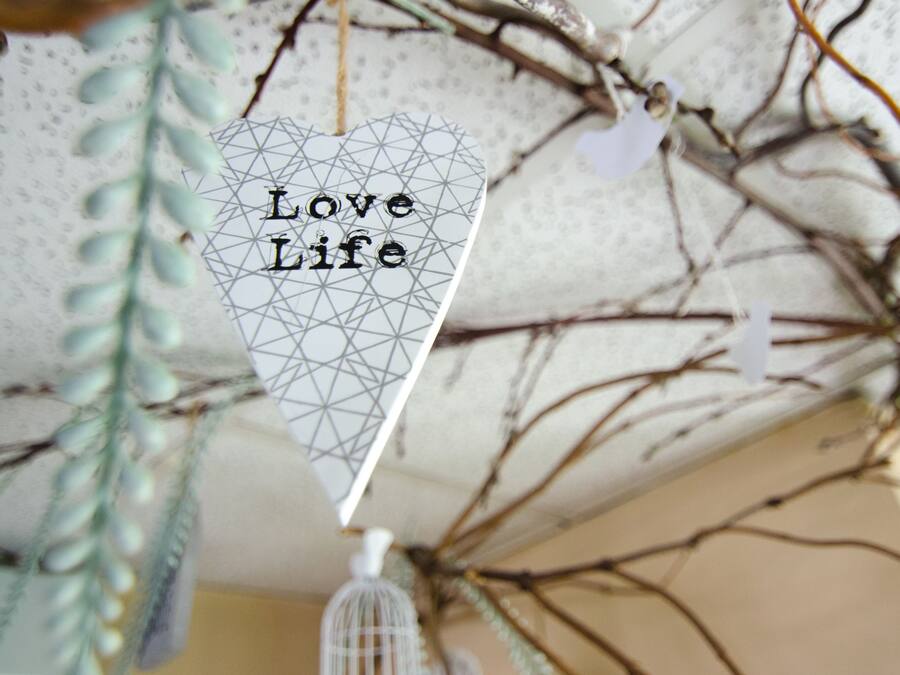 Un ornement décoratif en forme de cœur, sur lequel est inscrit le message « Love Life », suspendu à une branche.