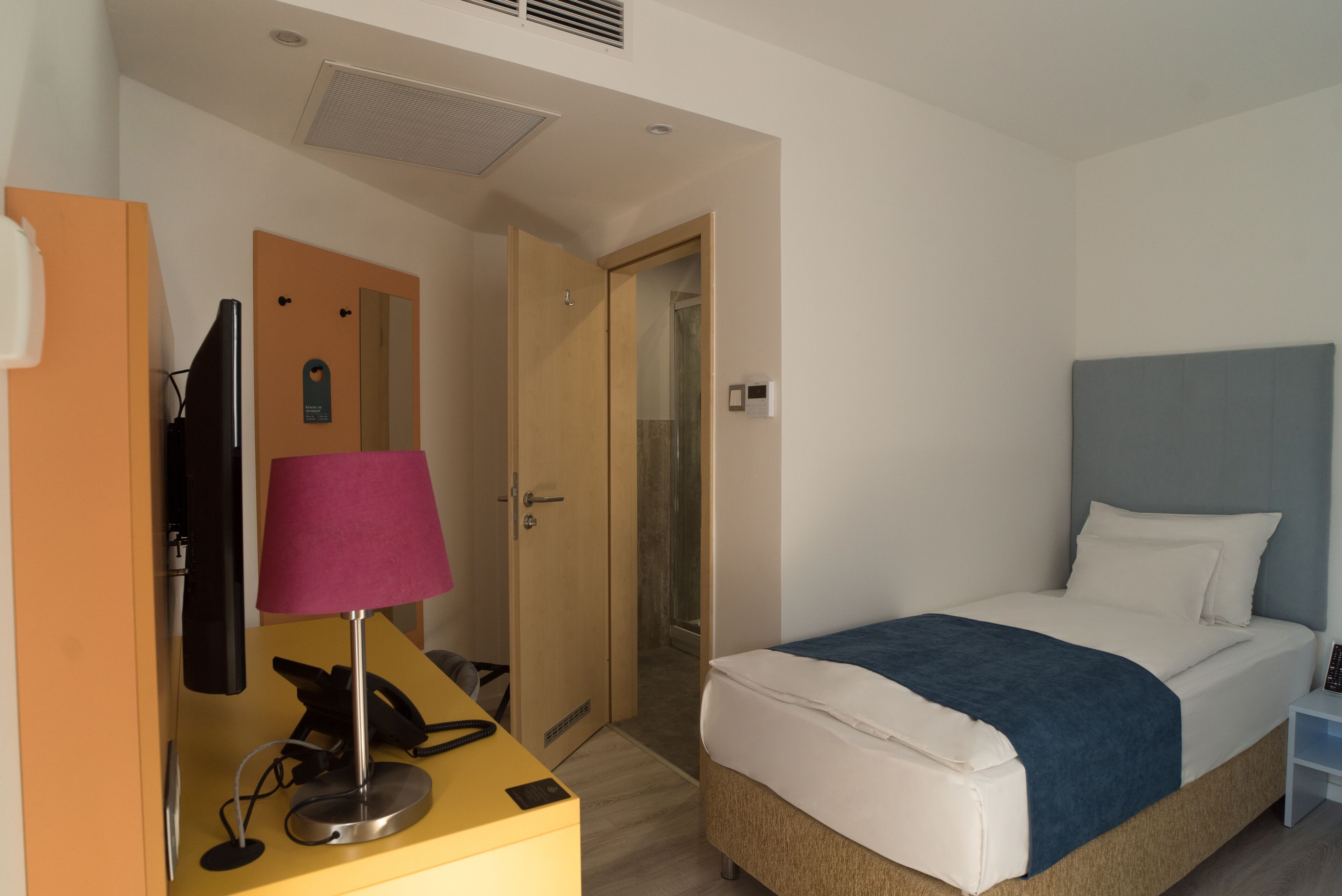 A hotel room with a bed, a desk with a lamp, a telephone, and a television.