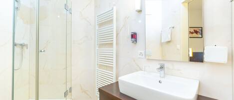 A modern bathroom with a glass shower enclosure, a white sink, and a mirror above it.