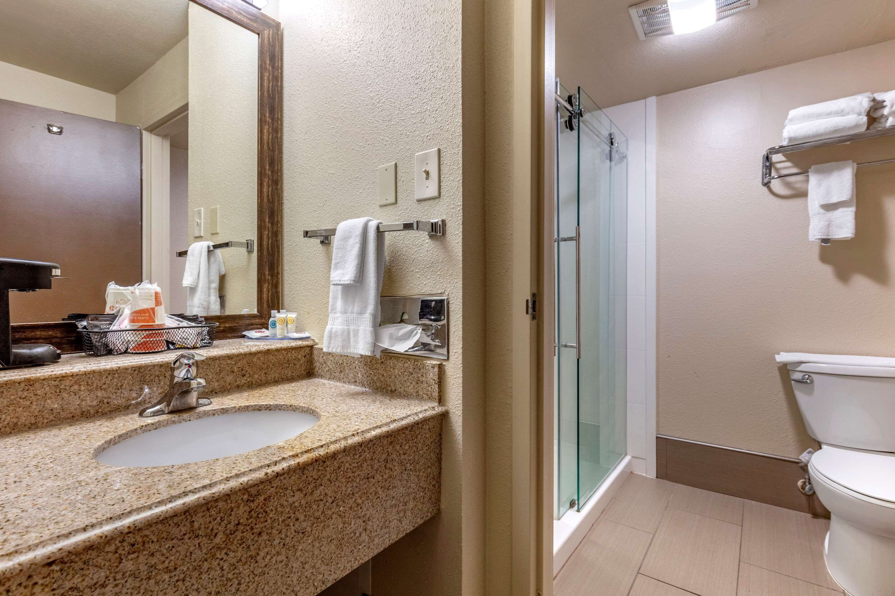 Une salle de bain équipée d’un lavabo en granit, d’un miroir, d’un porte-serviettes et d’une cabine de douche en verre, ainsi que de toilettes.