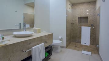 Un baño moderno con un lavamanos grande, inodoro y ducha a ras de suelo.
