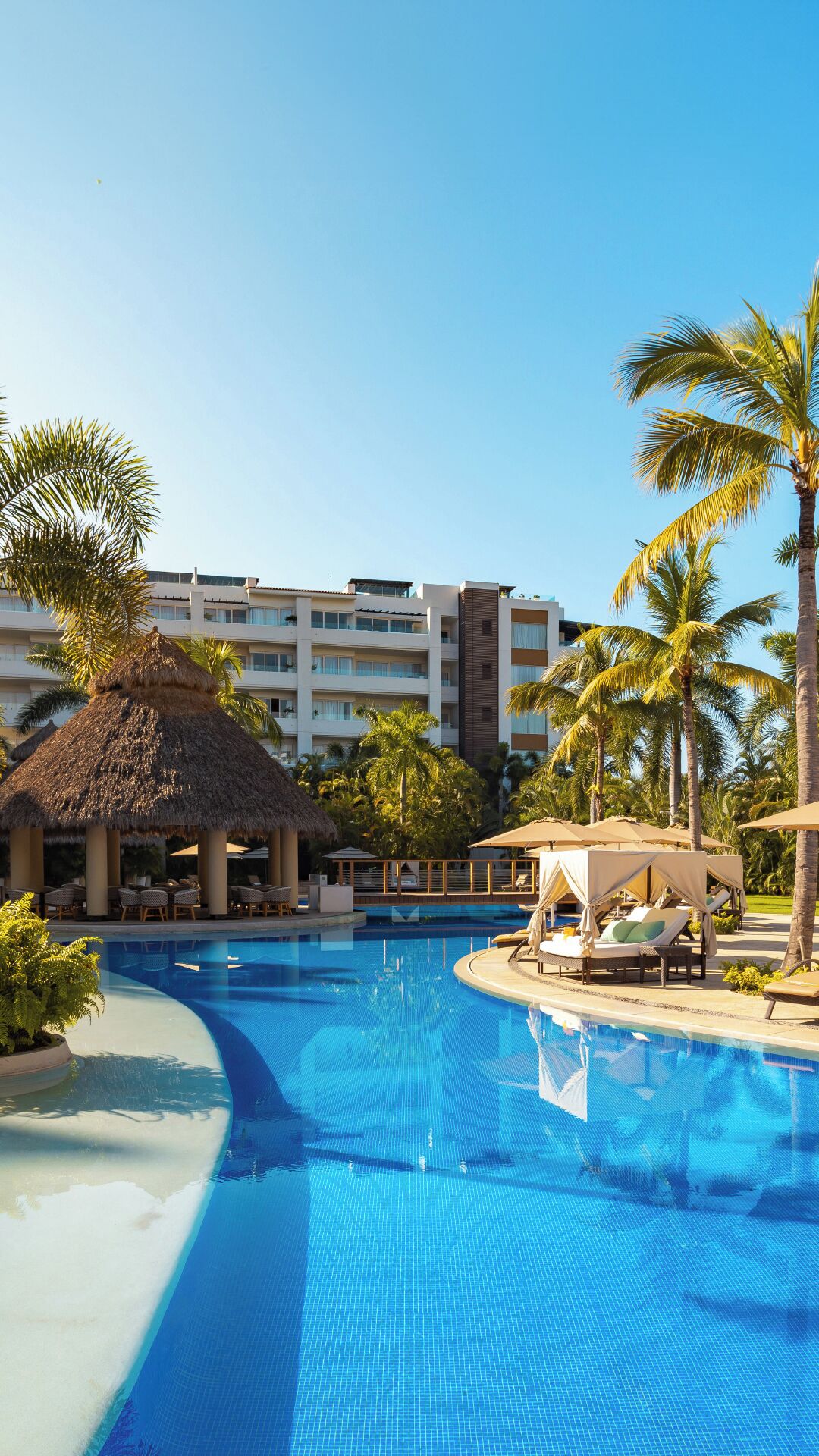 Zona de piscina en un resort con una estructura de techo de paja, sillas de descanso y palmeras.