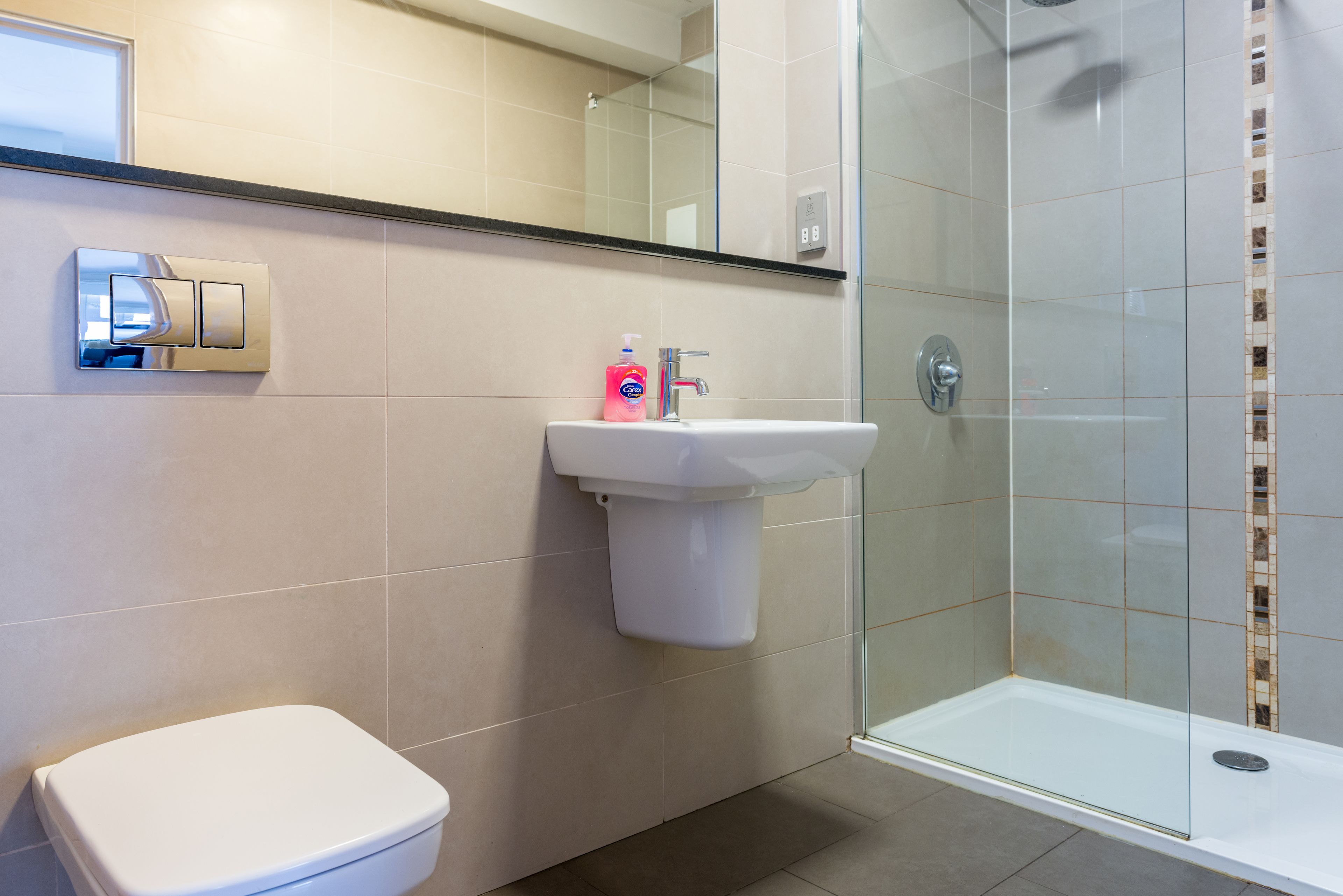 Combined shower/tub, hair dryer, towels