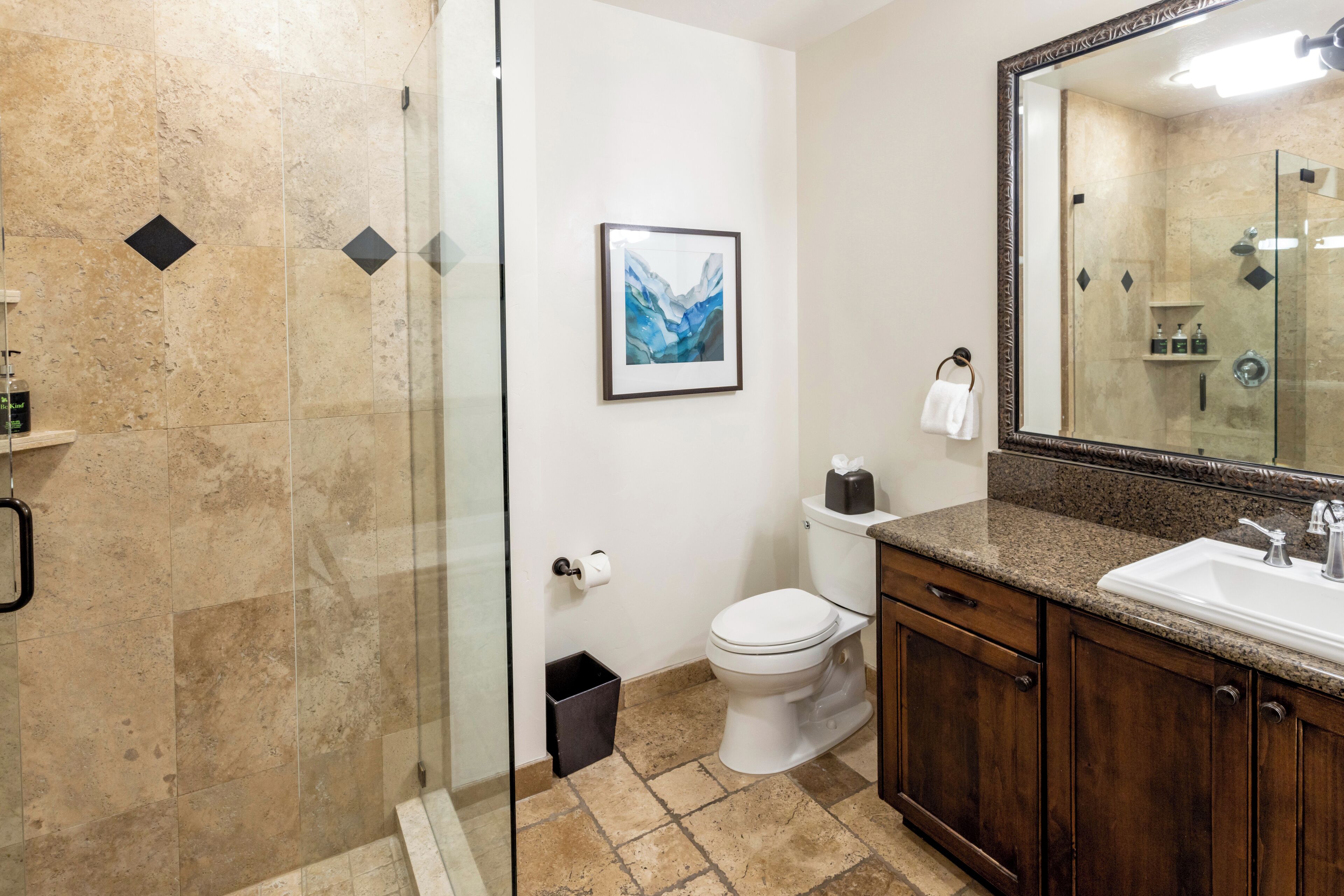 A bathroom with a glass shower enclosure, a white toilet, a framed artwork on the wall, and a large mirror above the sink.