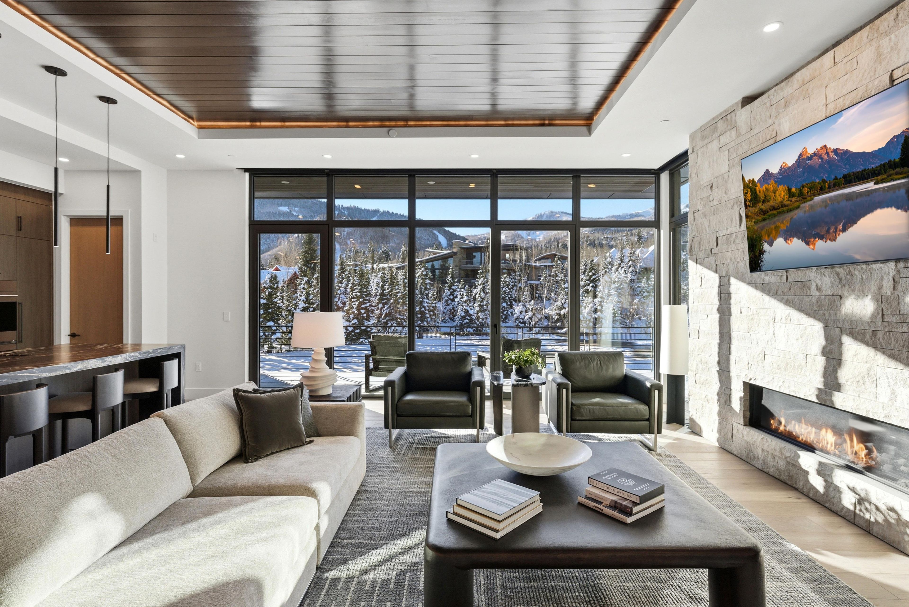 A modern living room with a large window, a fireplace, and a view of a snowy mountain landscape.