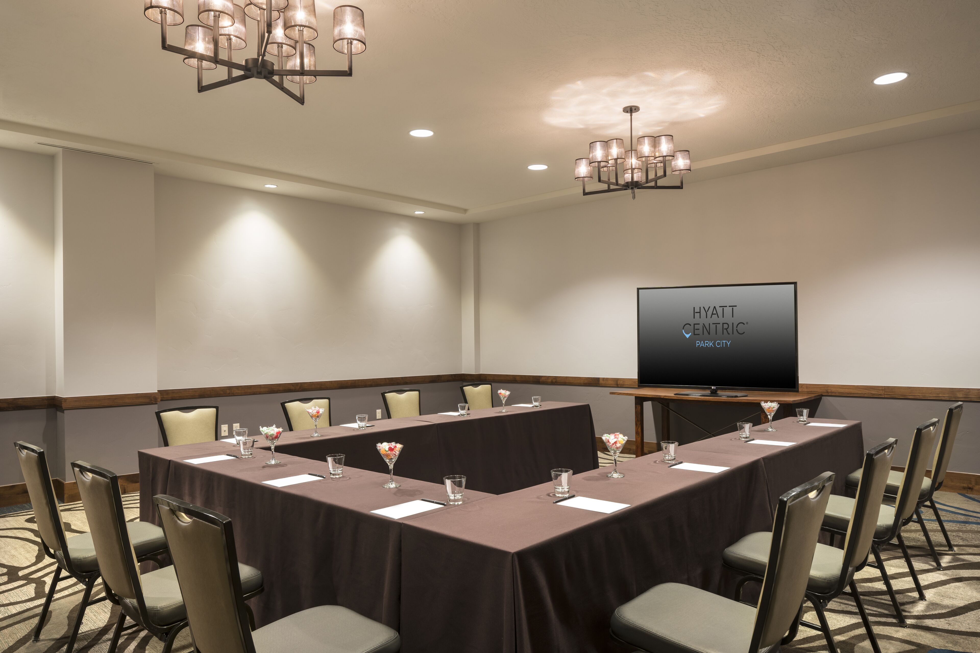 A conference room with a long table, chairs, a flat-screen TV, and a chandelier.