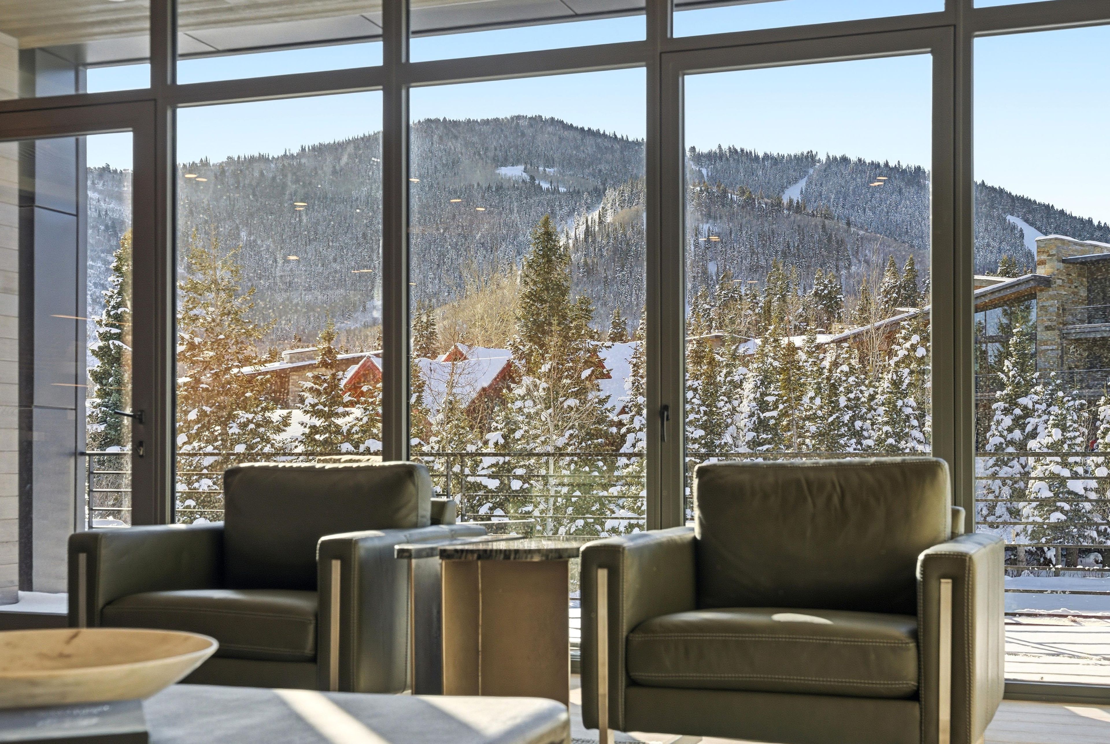 A room with large windows offering a view of snow-covered mountains and trees.