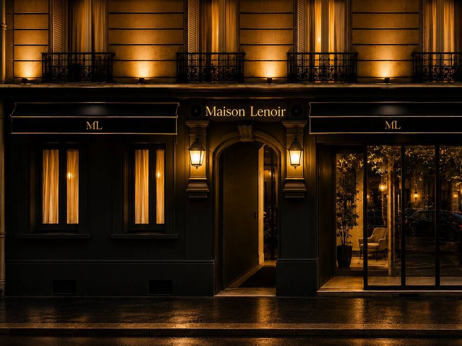 A hotel entrance with a dark facade, illuminated windows, and a sign reading 'Maison Lenoir.'