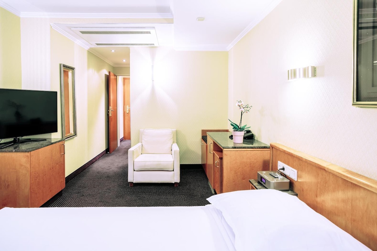 A hotel room with a bed, a TV, a chair, a desk with a computer, and a potted plant.