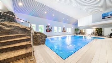 Indoor pool, open 10:00 AM to 8:00 PM, sun loungers