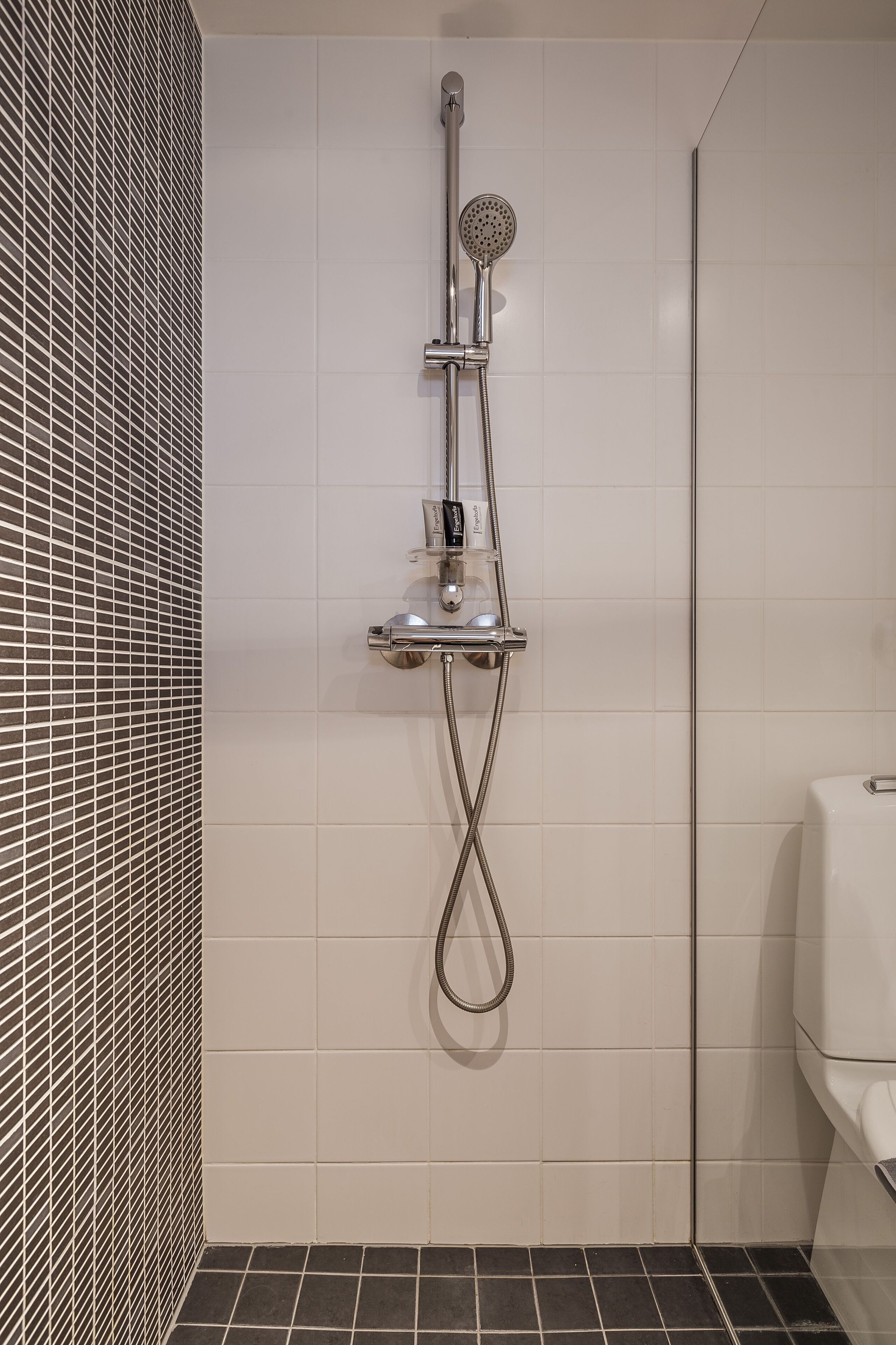 A shower with a handheld showerhead and a wall-mounted faucet.