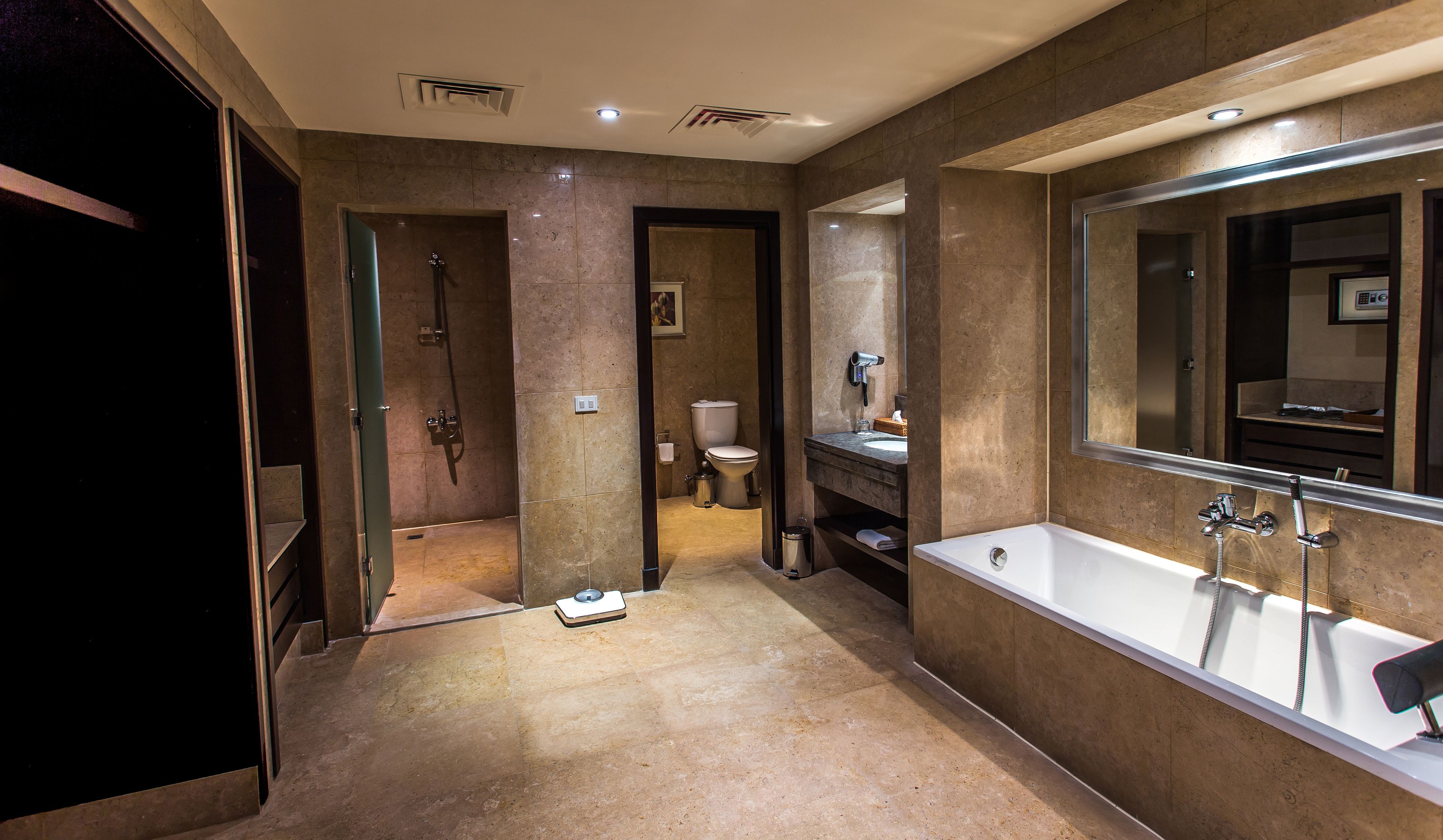 A modern bathroom with a large bathtub, a separate shower area, and a toilet.