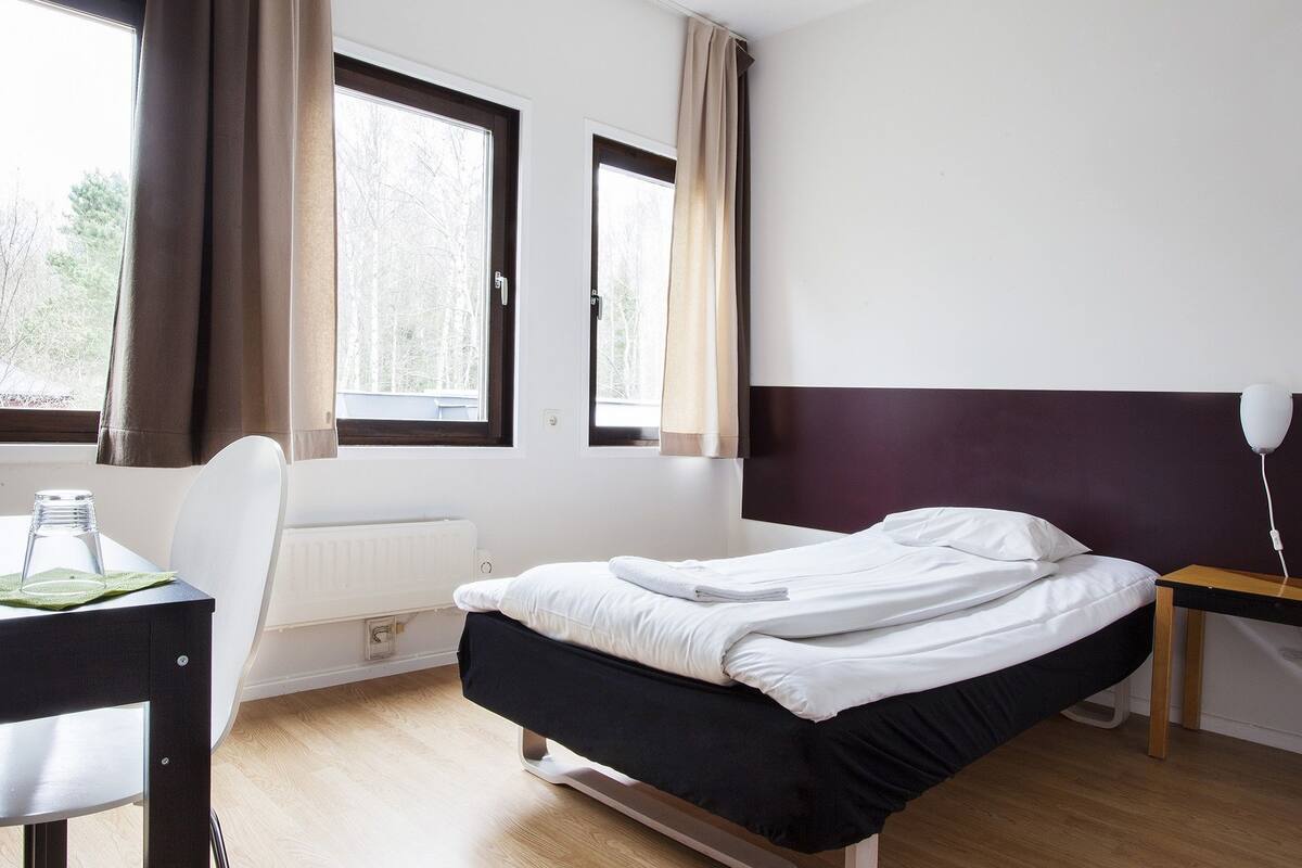 Ein Hotelzimmer mit einem Bett, einem Schreibtisch, einem Stuhl und zwei fensterbepflanzten Fenstern.