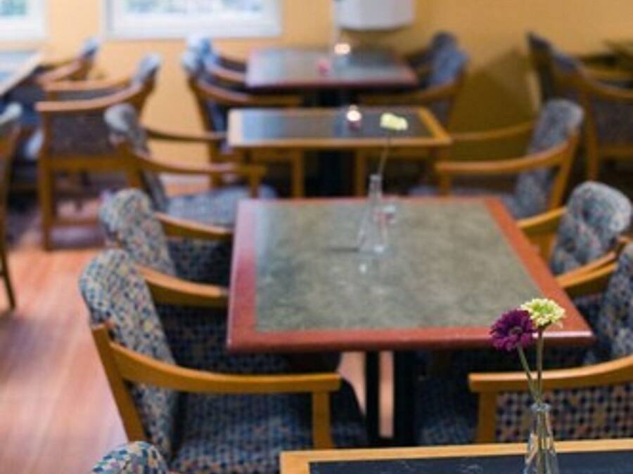 A dining area with multiple tables and chairs, a window with a view, and a vase with flowers on one table.